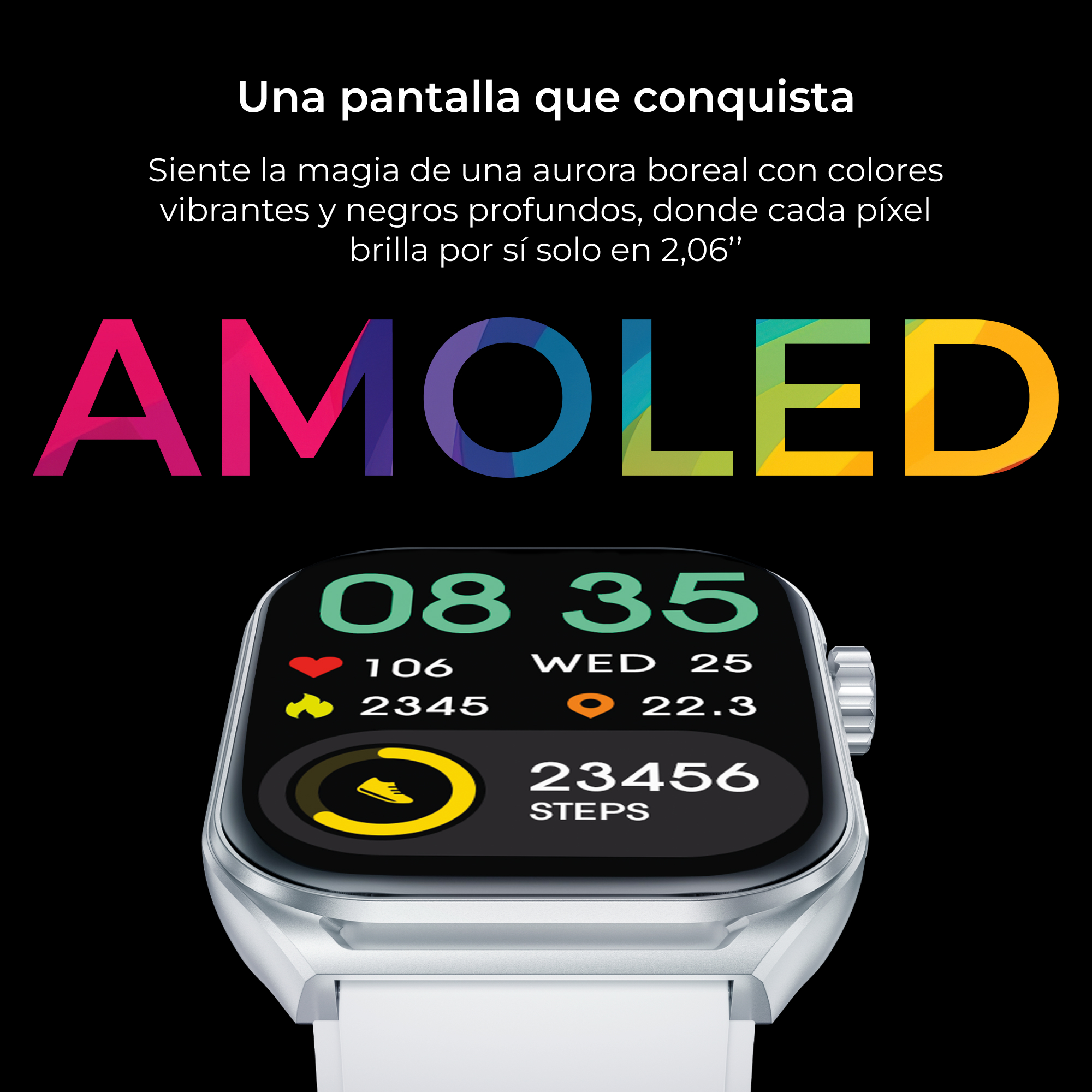 Smartwatch con pantalla negra que muestra datos. Correa blanca, fondo negro y texto colorido: AMOLED.