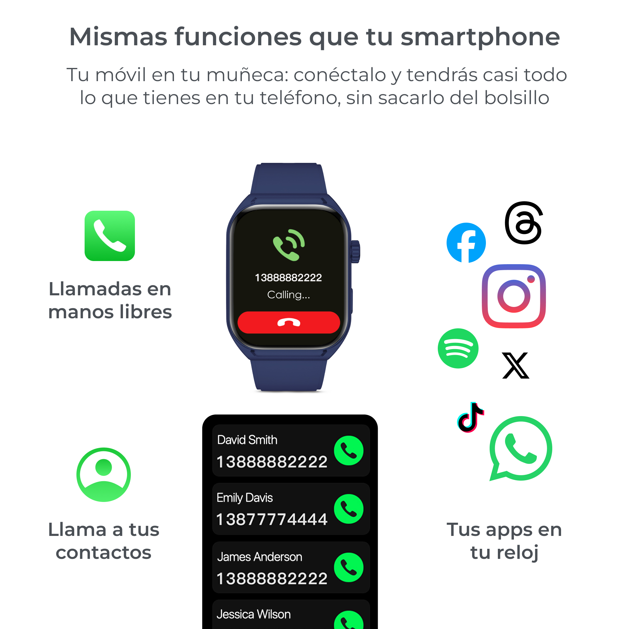 Un reloj inteligente con correa azul muestra una llamada entrante. Hay iconos de aplicaciones como Facebook, Instagram, Spotify, etc.
