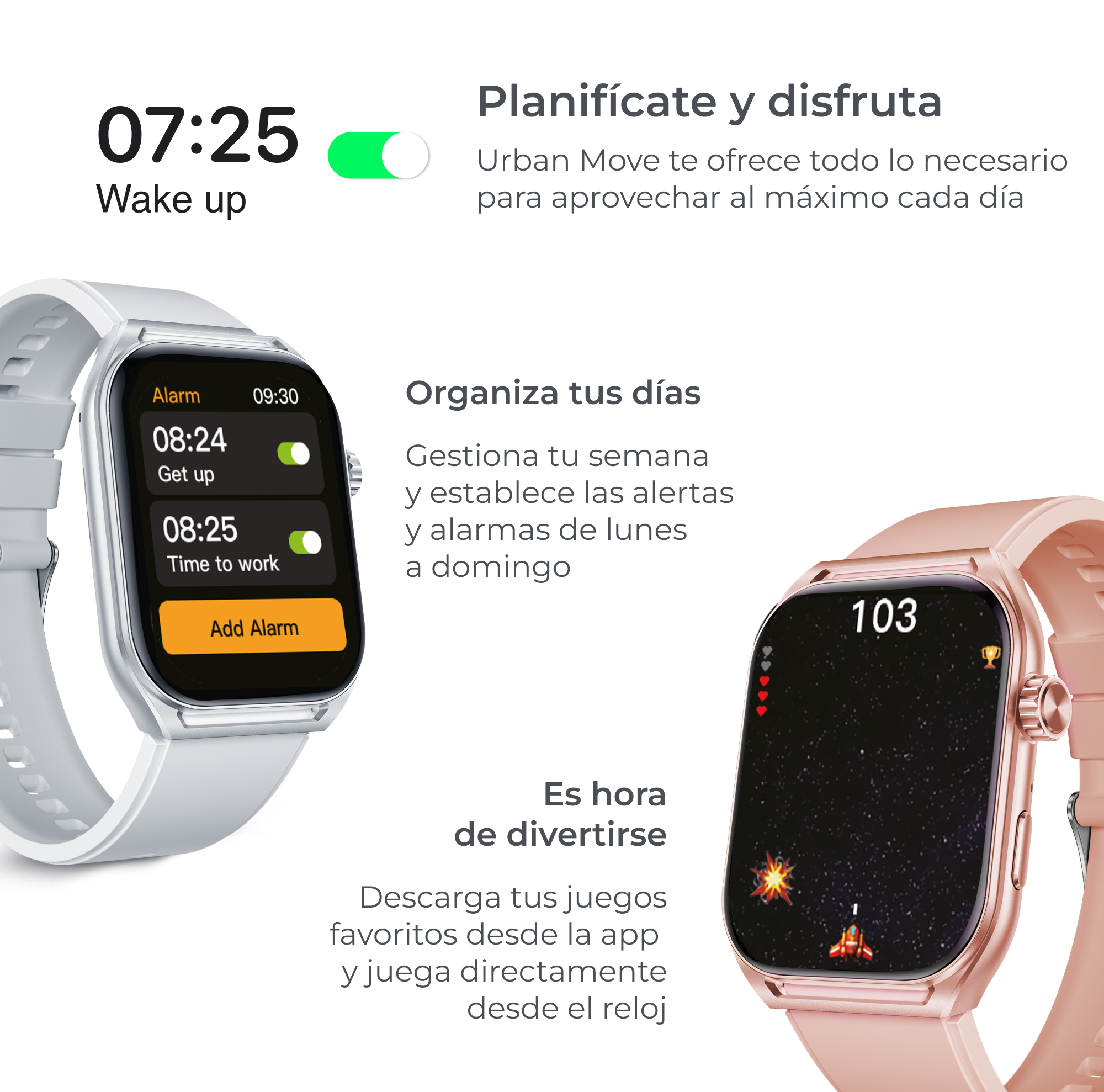 Dos smartwatches con correas blanca y oro rosa, mostrando pantalla de despertar y juego.