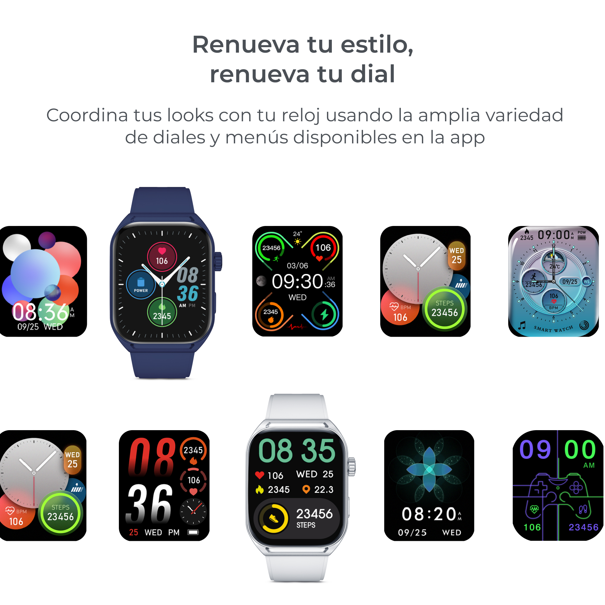 Una imagen promocional con varias esferas de reloj inteligente, que muestran la hora y otras métricas.