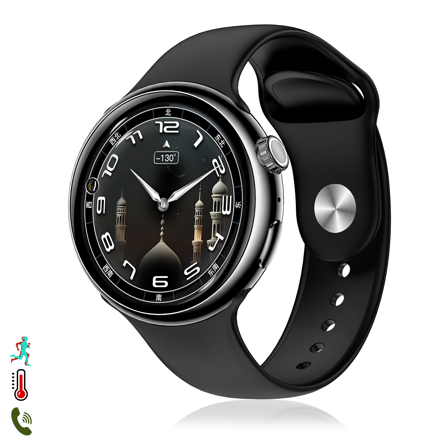 Smartwatch nero con quadrante rotondo che mostra una scena della moschea e l'ora.