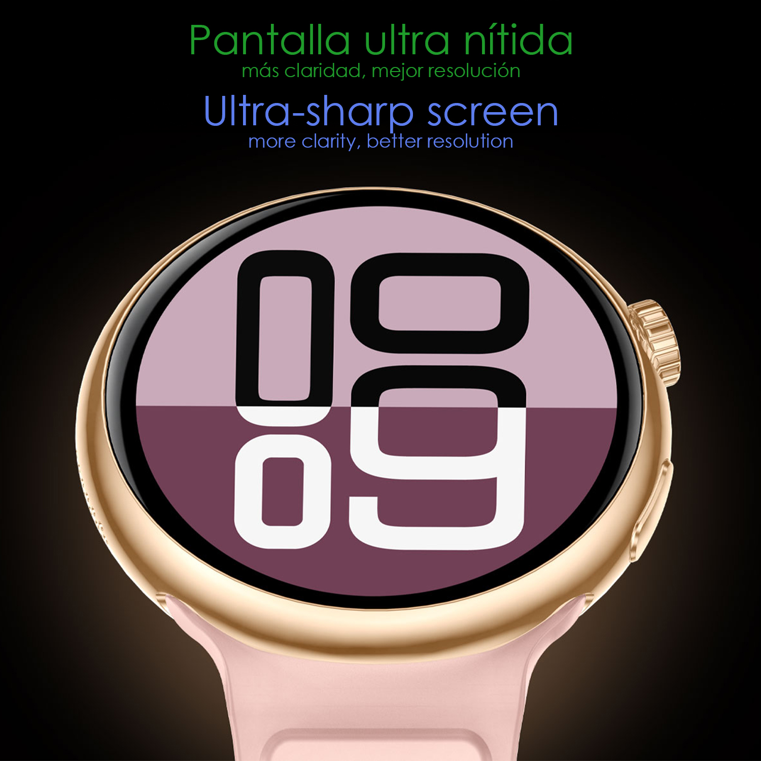 Smartwatch con cinturino rosa che mostra l'ora. Il testo sopra dice Schermo ultra nitido.