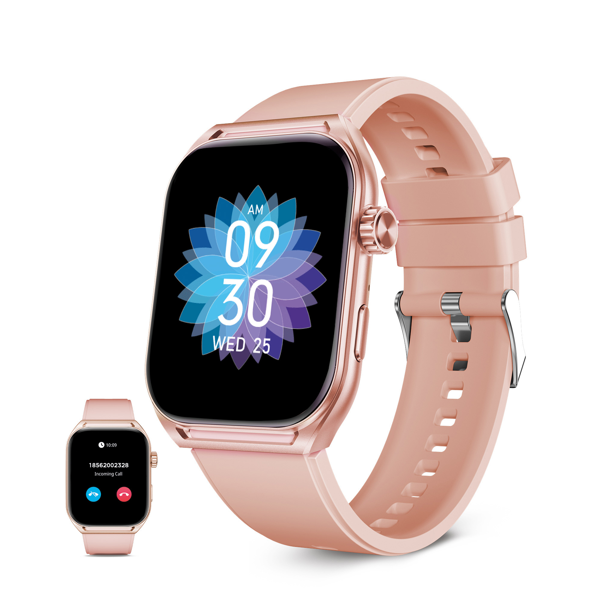 Smartwatch oro rosa con cinturino rosa, che mostra un'interfaccia digitale.