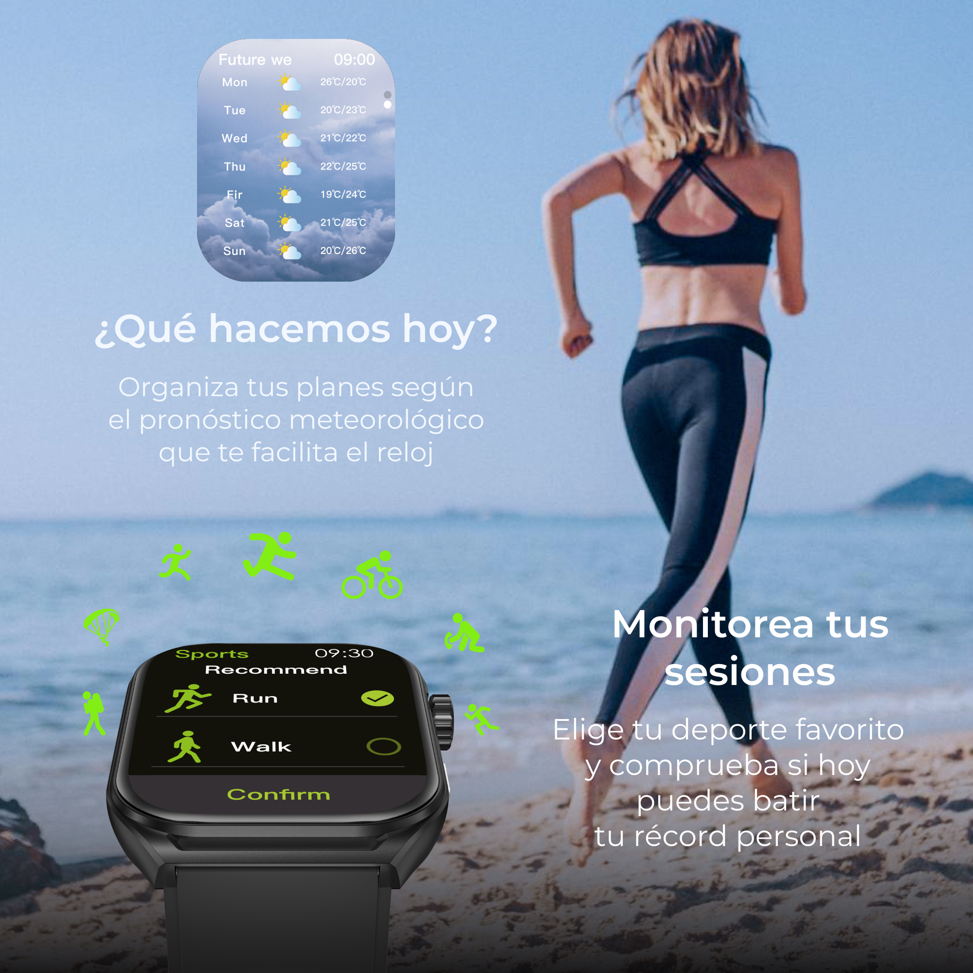 Donna che corre in spiaggia, smartwatch con opzioni sportive. Previsioni meteo in alto.