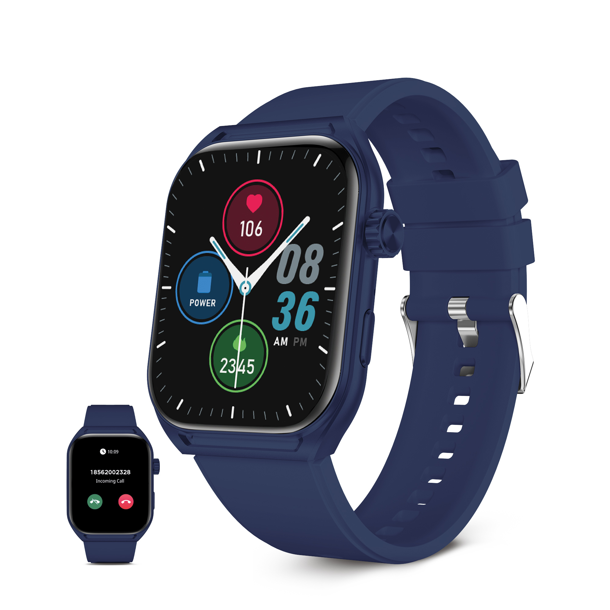 Un reloj inteligente azul marino con pantalla digital, que muestra la hora, la frecuencia cardíaca y el nivel de batería. Fondo blanco.