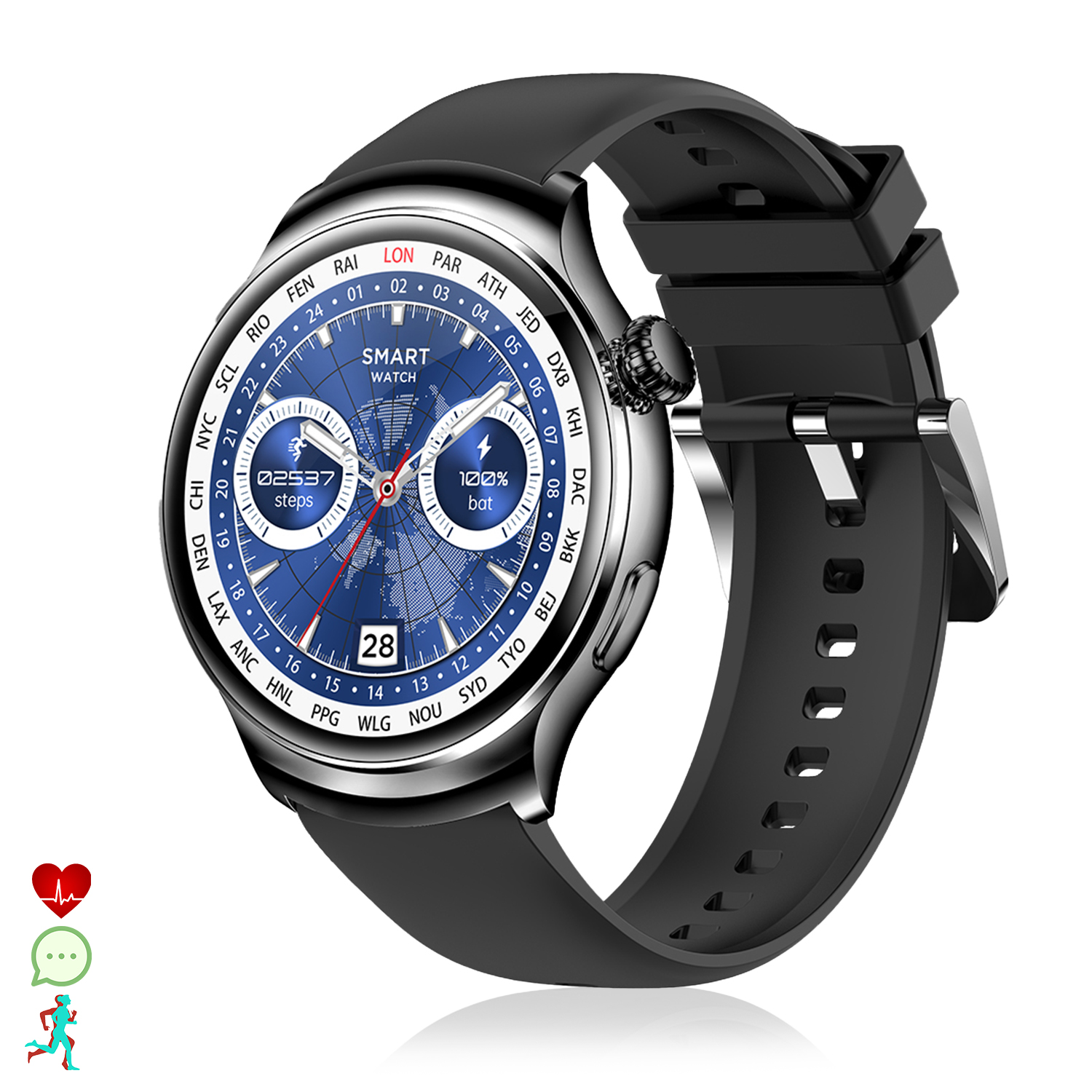 Smartwatch con cinturino nero, display blu con mappa del mondo.