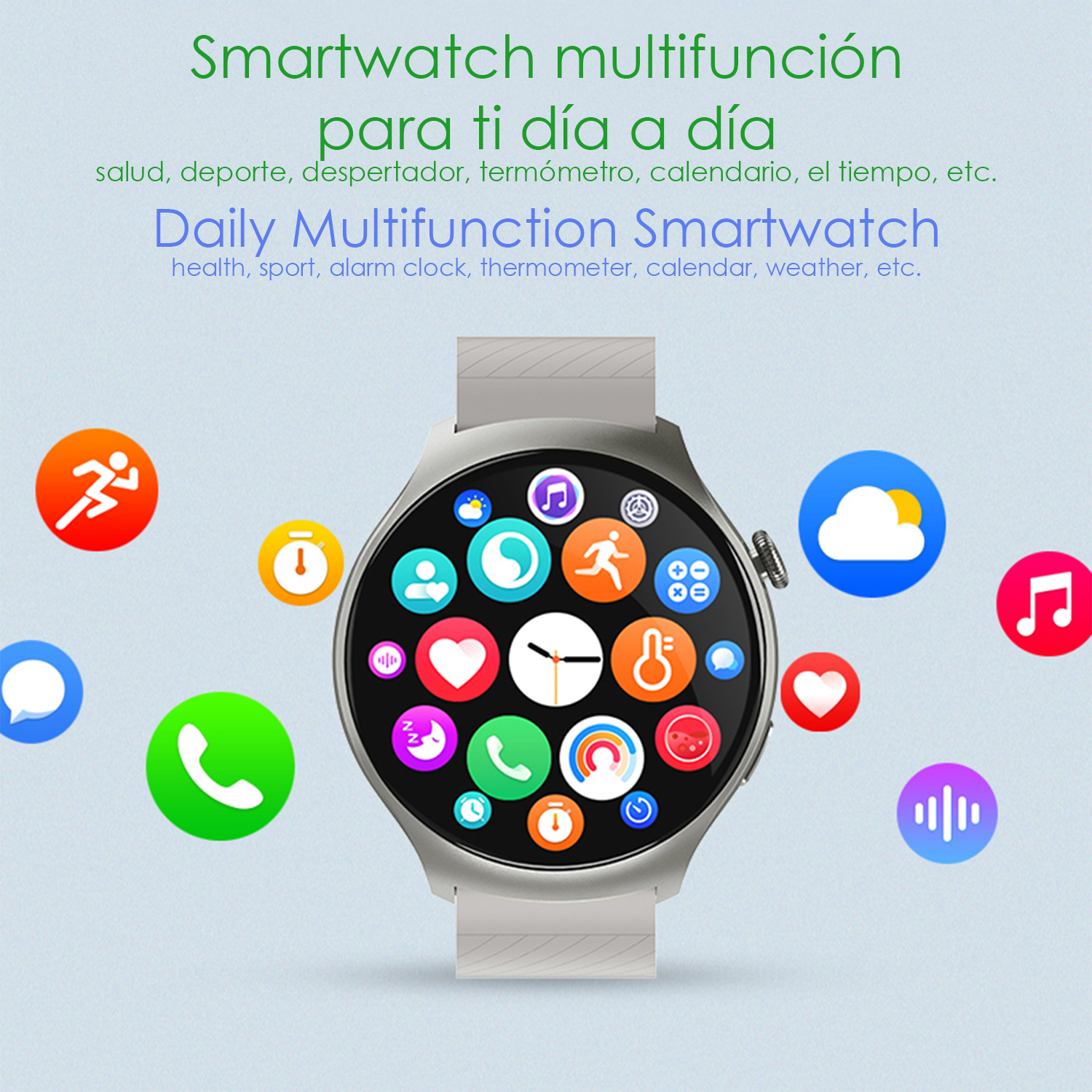 Uno smartwatch rotondo argentato con icone sullo schermo. Le icone fluttuano intorno.
