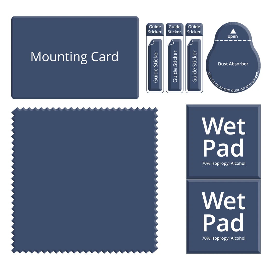 Ein Kit mit Montagekarte, Aufklebern, Staubabsorber und feuchten Tüchern.