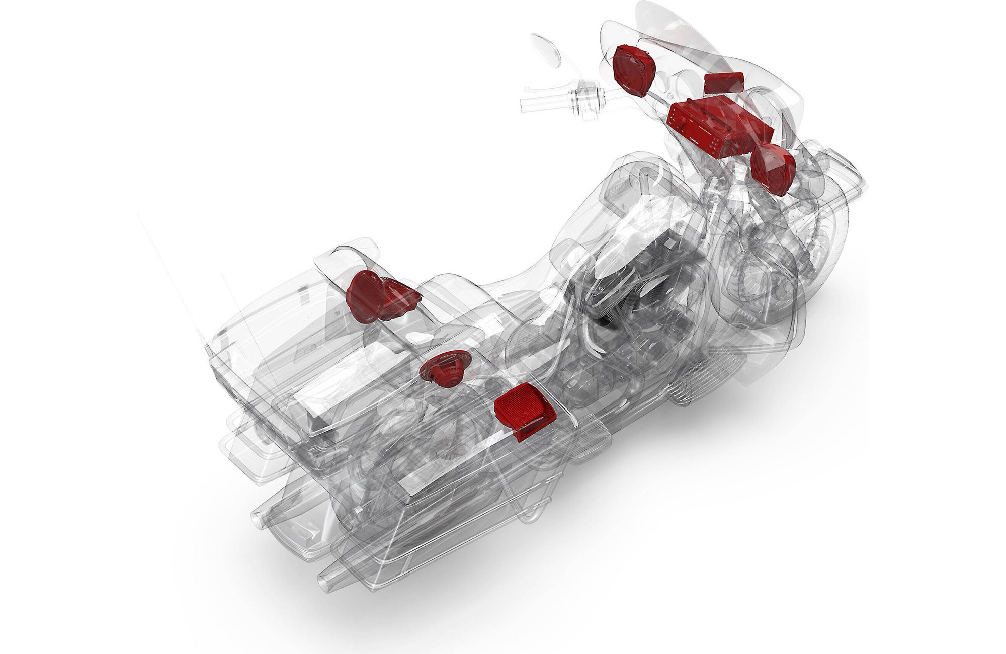Motorrad mit rot hervorgehobenen Komponenten. Transparente Ansicht mit hervorgehobenen Teilen.