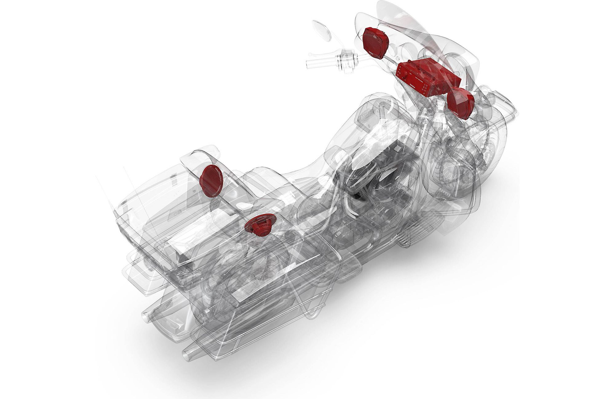 Motorrad-Schema, transparente Ansicht, rot hervorgehobene Motorkomponenten auf weißem Grund.