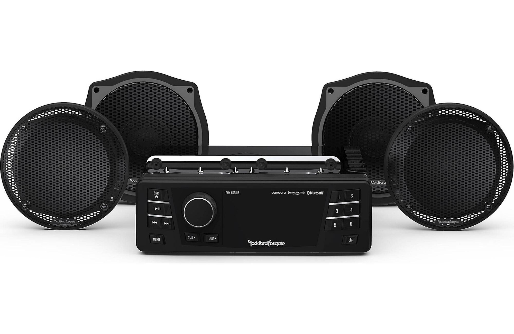 Schwarzes Auto-Audiosystem mit mehreren Lautsprechern. Es hat eine zentrale Steuereinheit und vier Lautsprecher.