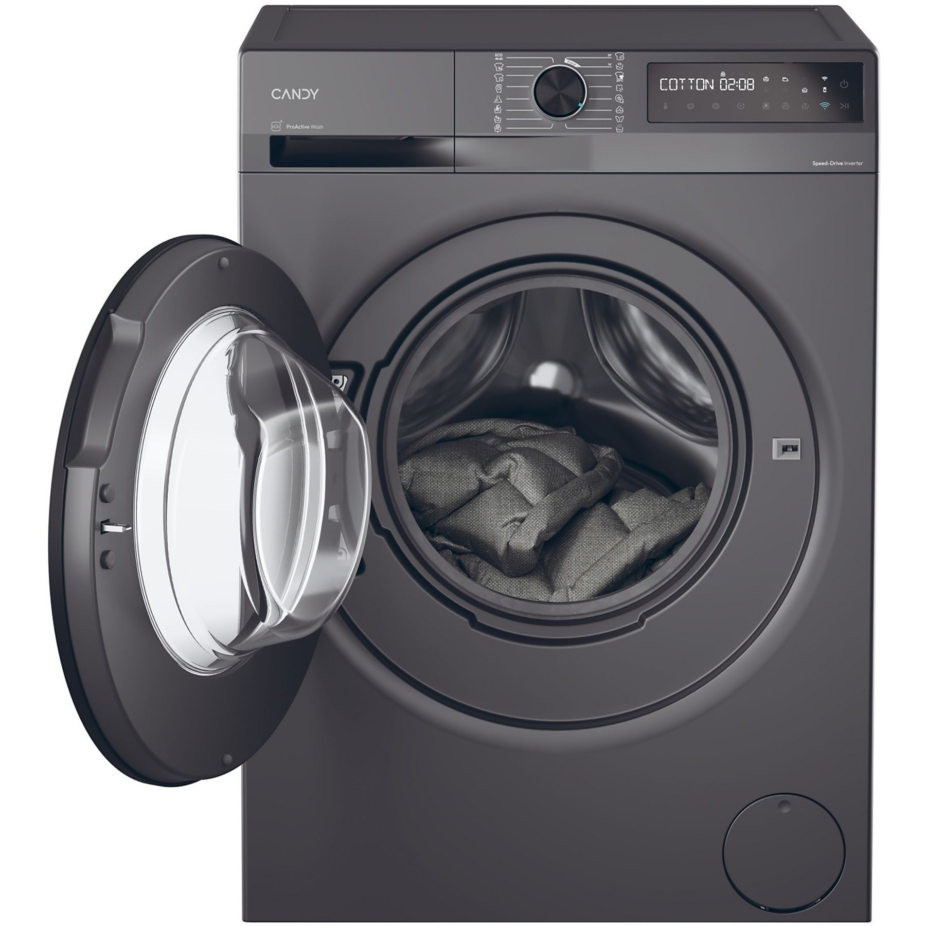 Lavatrice grigio scuro con porta aperta, che rivela il bucato all'interno. Rifiniture argento.