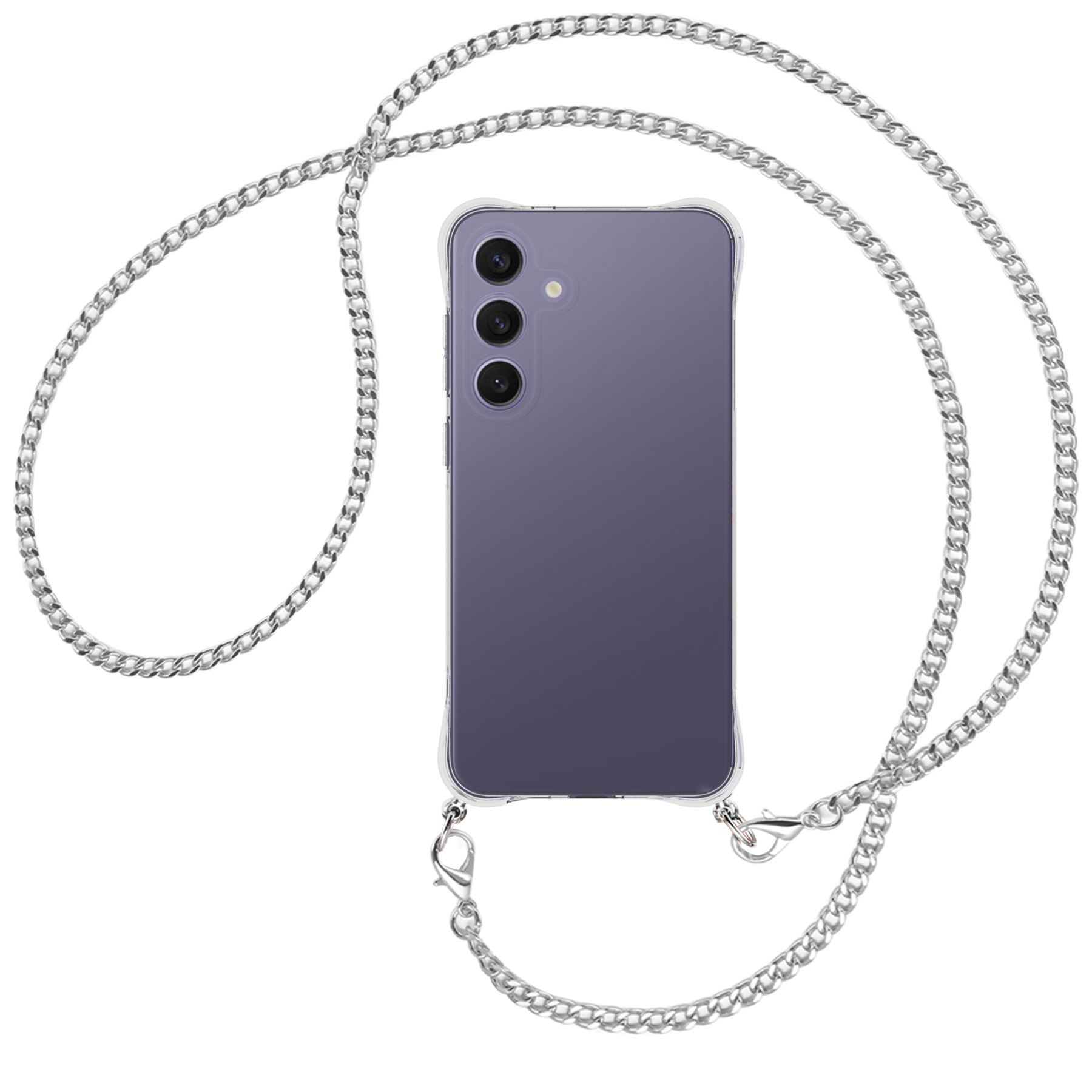 Transparente Handyhülle mit silberner Kette. Ein Telefon befindet sich in der Hülle. Weißer Hintergrund.