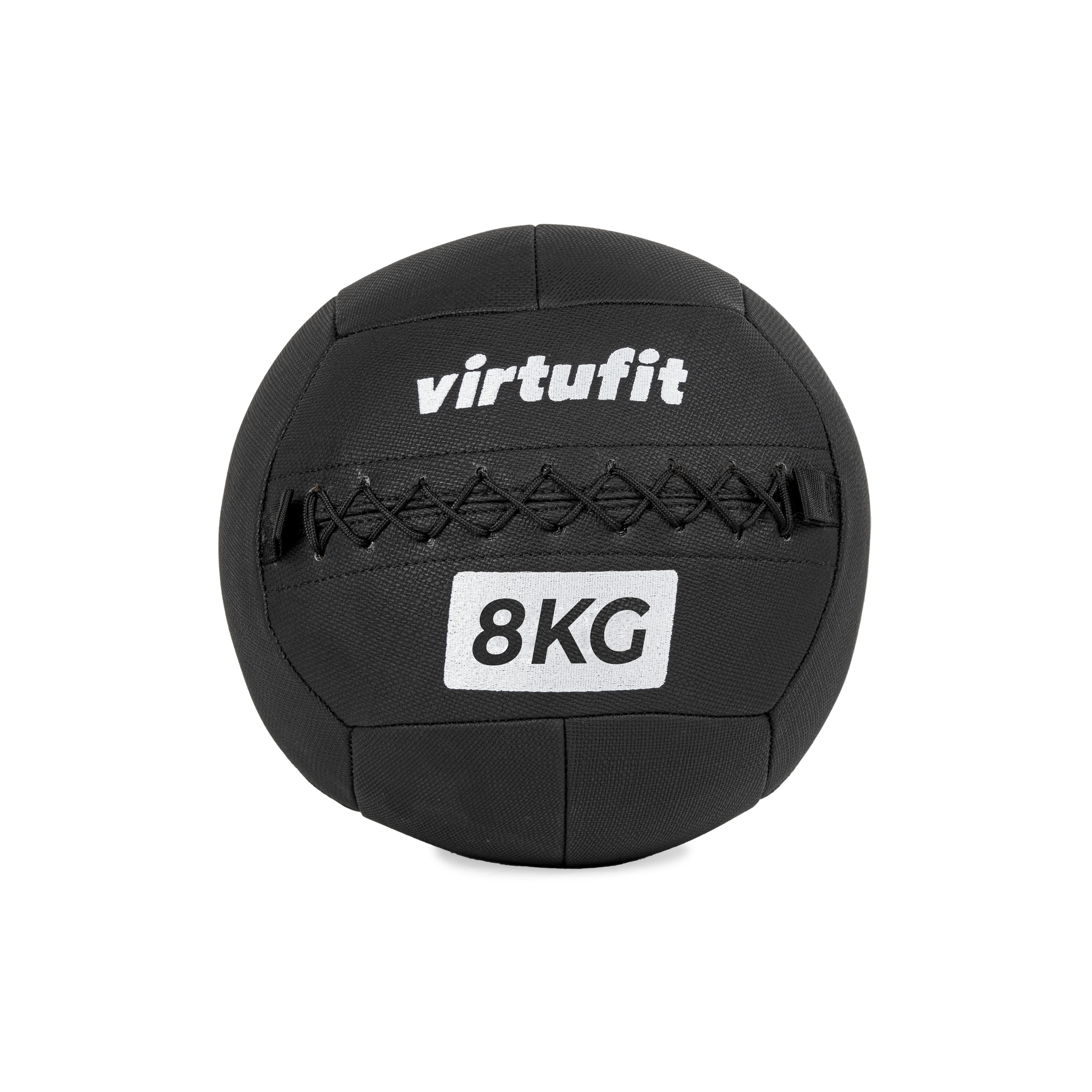 Schwarzer 8KG Medizinball mit weißem Text und Nähten, auf schwarzem Hintergrund.