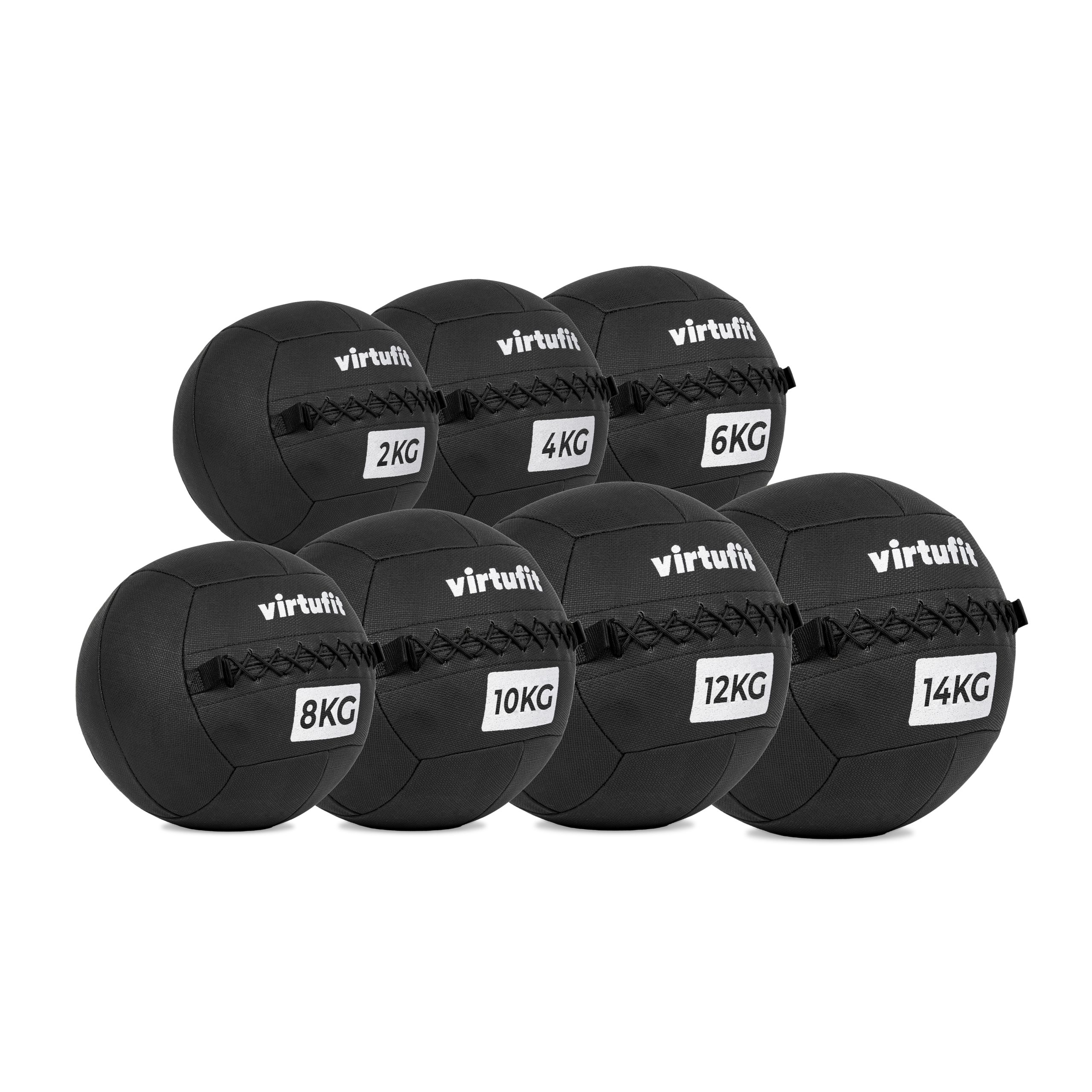Sieben schwarze Medizinbälle mit weißen Etiketten mit Gewichten von 2 kg bis 14 kg.