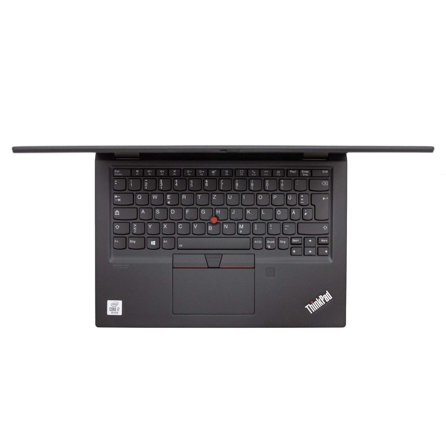 Schwarzer Laptop von oben, Tastatur sichtbar, Intel Core i7-Aufkleber unten.