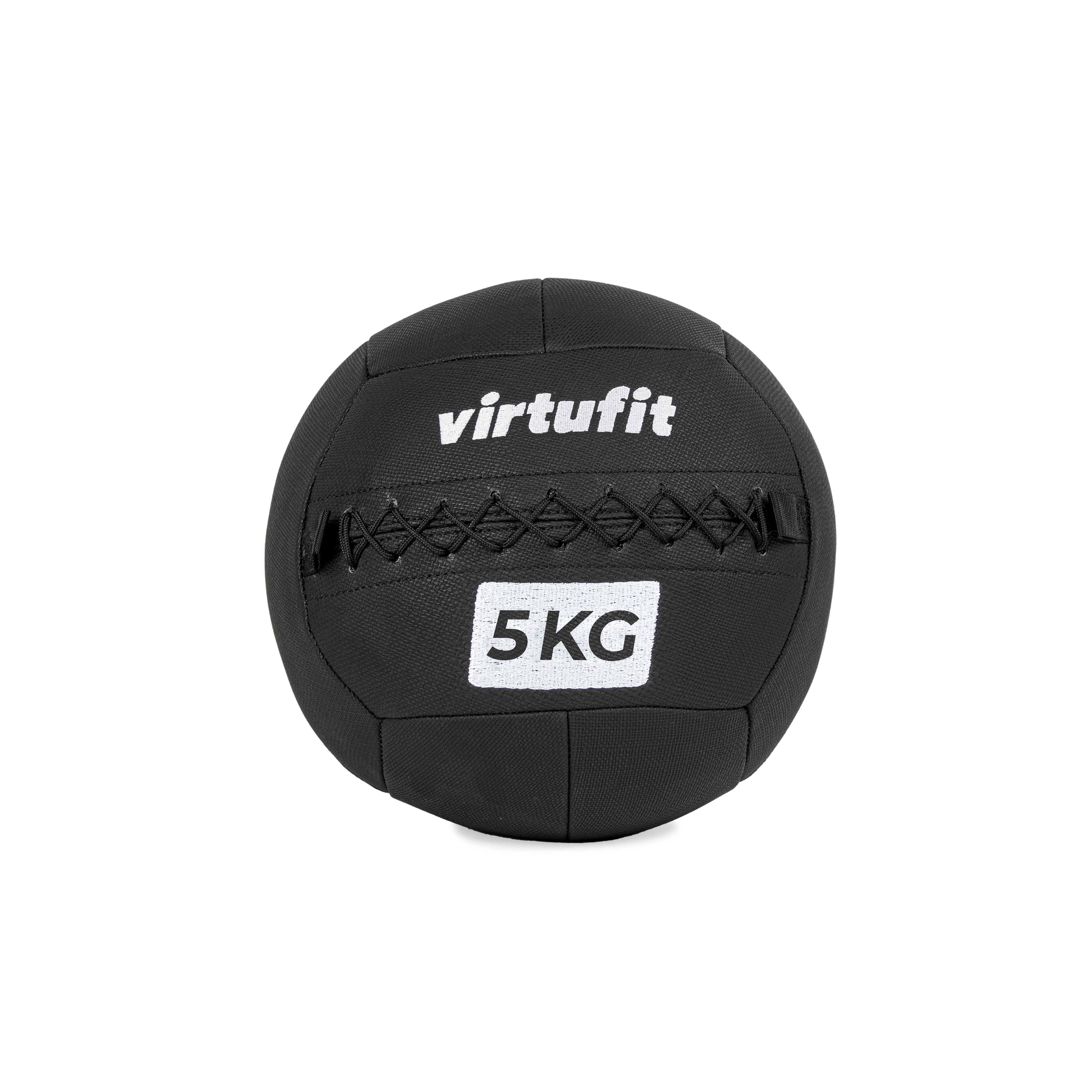 Schwarzer Medizinball mit weißem Aufdruck "virtufit" und "5KG". Schwarzer Hintergrund.