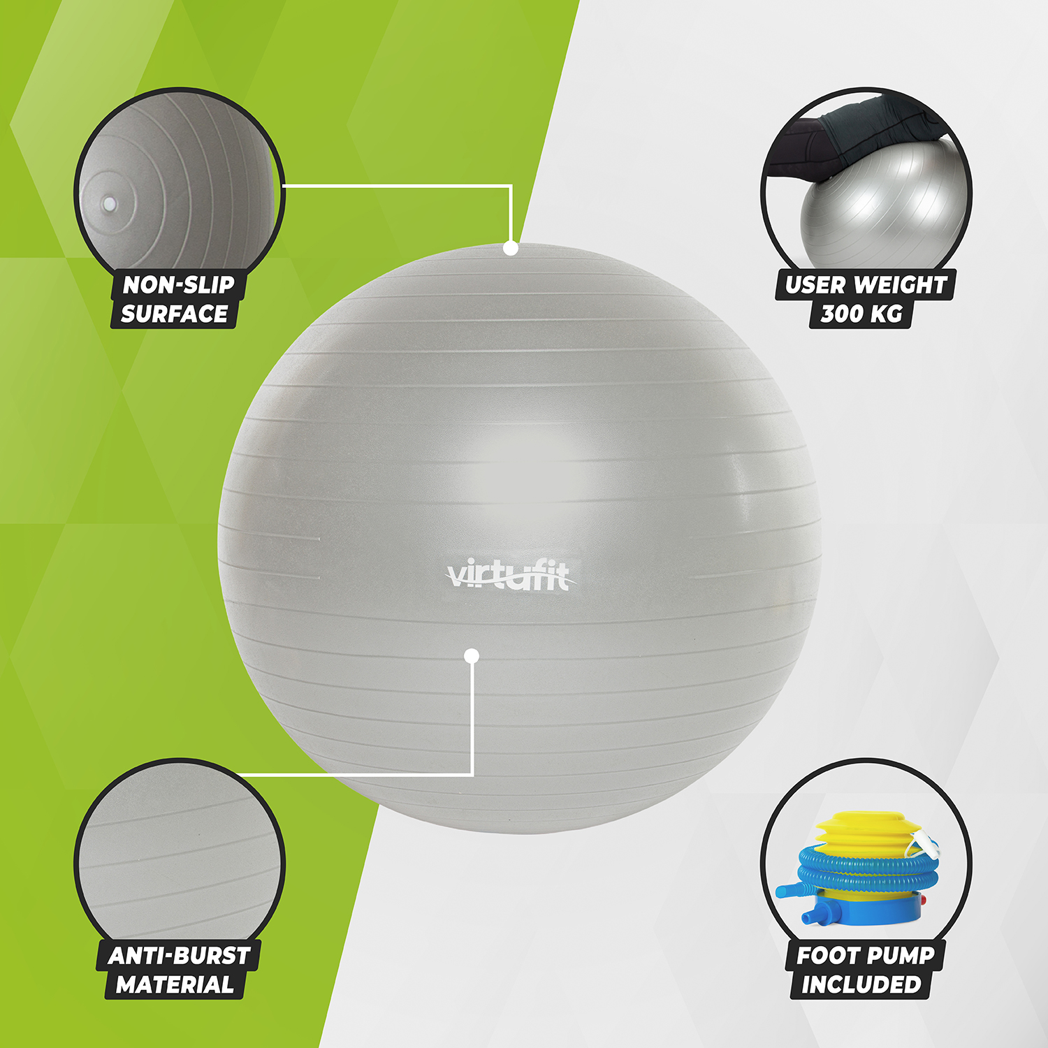 Grauer Gymnastikball mit Fußpumpe. Er hat eine rutschfeste Oberfläche und platzsicheres Material.