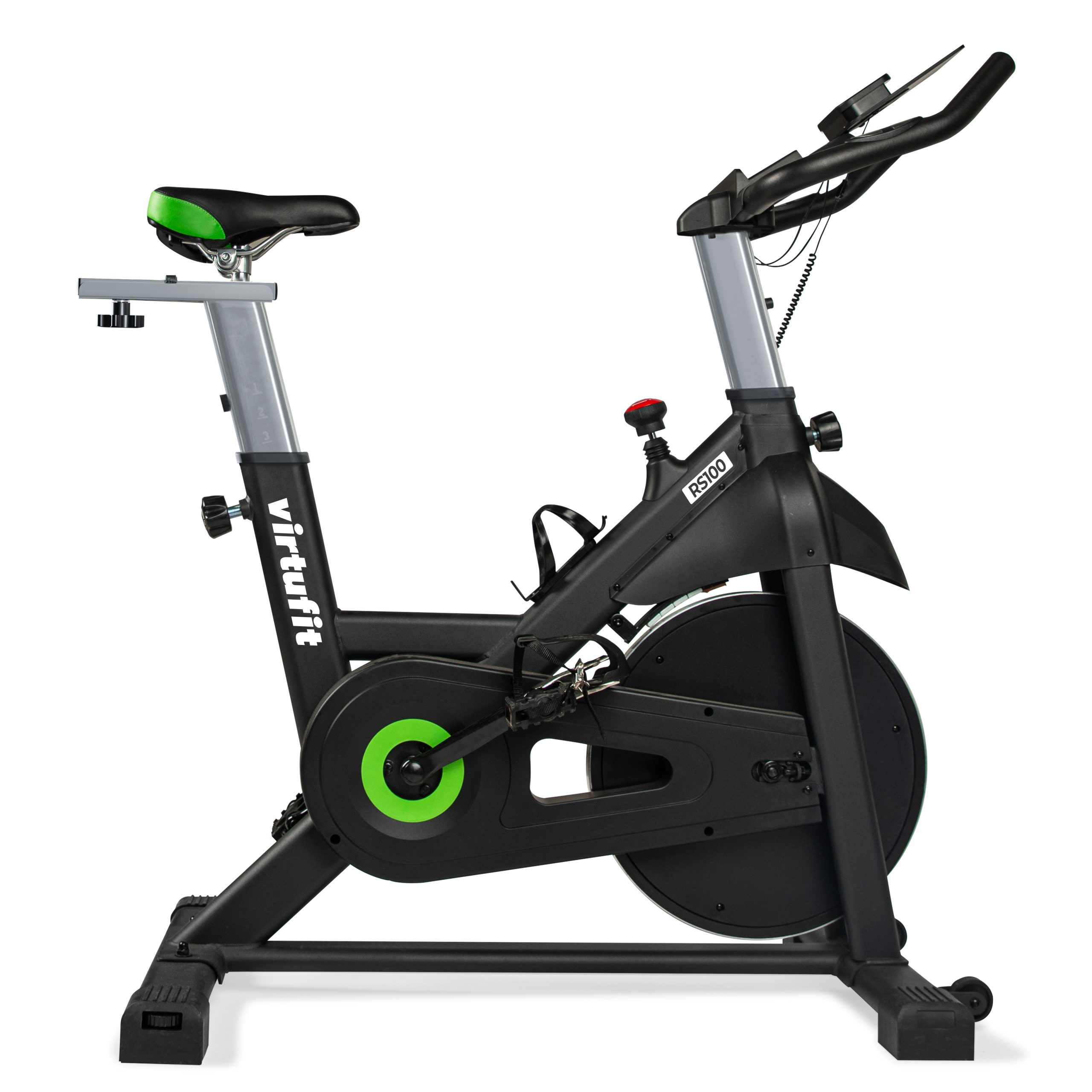 Schwarz-grünes Trainingsfahrrad. Text: Virtufit, PS100 und Details des Fahrrads.