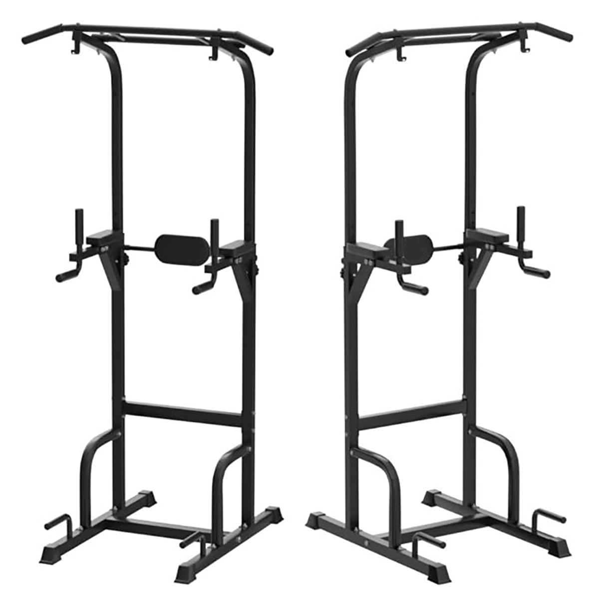 Two black pull-up and dip stations side by side. Each has bars for pull-ups and dips.