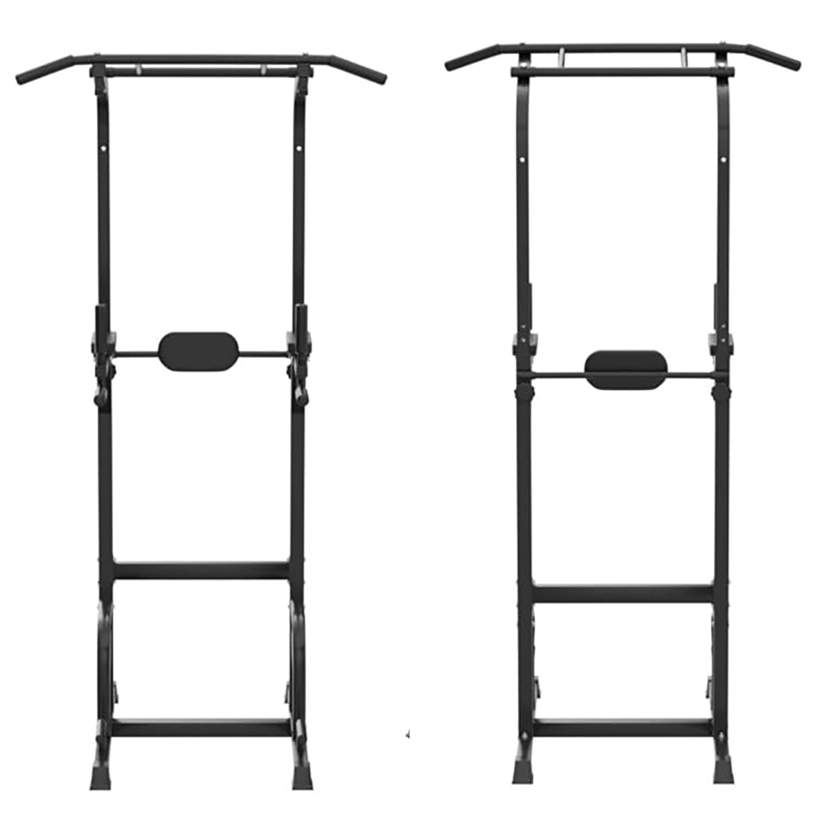 Two black pull-up bars standing side by side, on a white background.