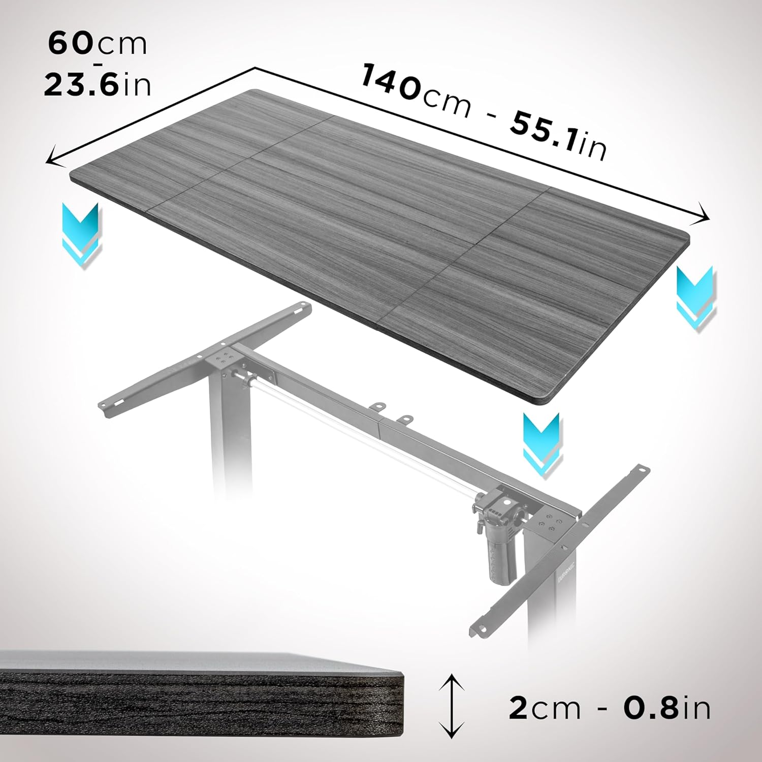 Graue Schreibtischplatte mit Beinen, Maße 140cm x 60cm, mit 2cm Dicke.