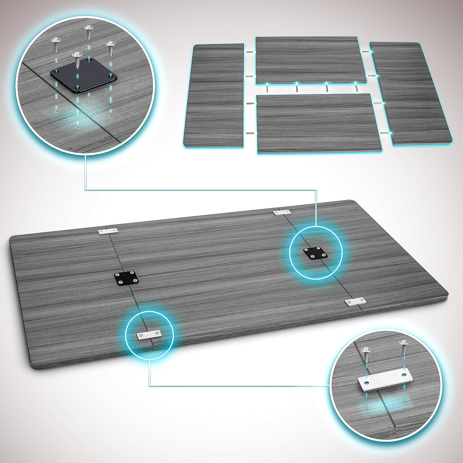 Montage eines Holzschreibtisches mit Schrauben. Enthält Holzplatten, Metallplatten und Detailansichten der Verbindungen.