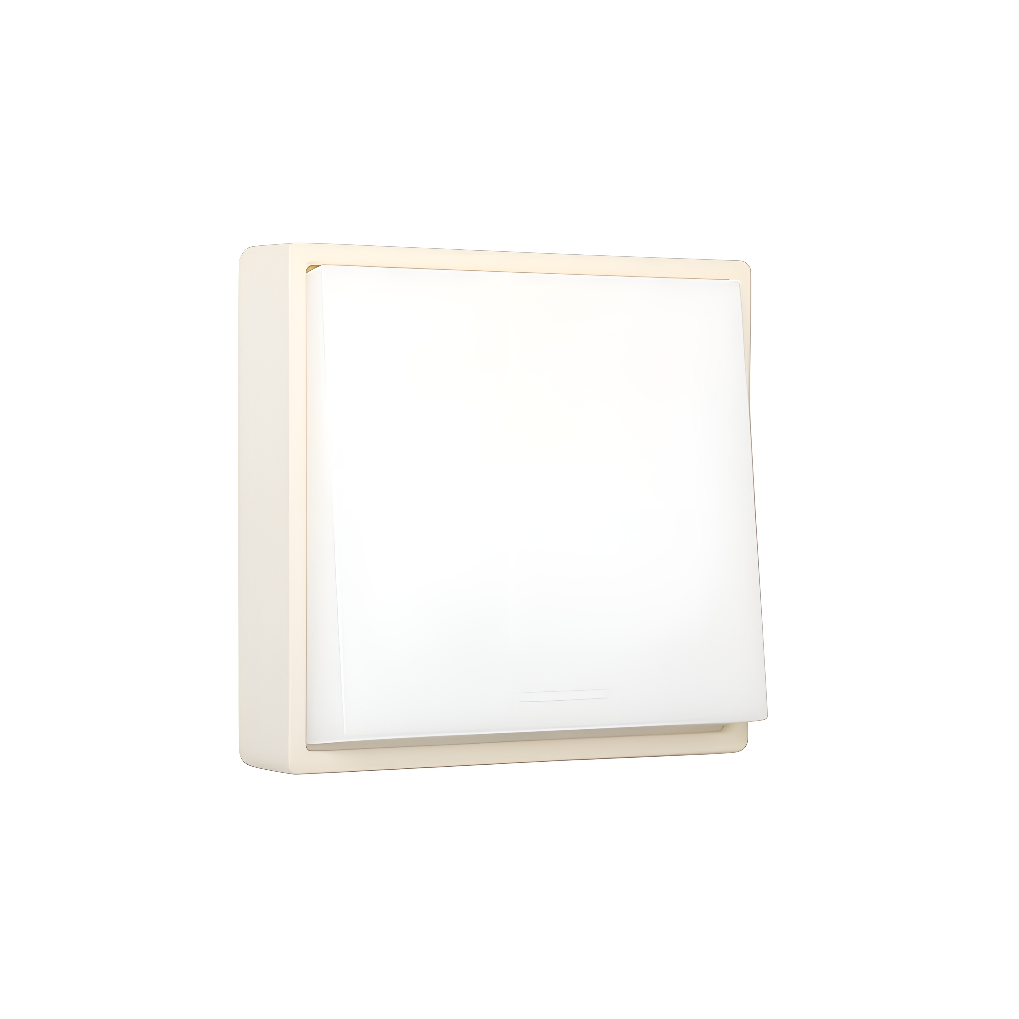 Ein weißer Lichtschalter mit weißem Rahmen. Er ist ausgeschaltet, mit rechteckigem Design.