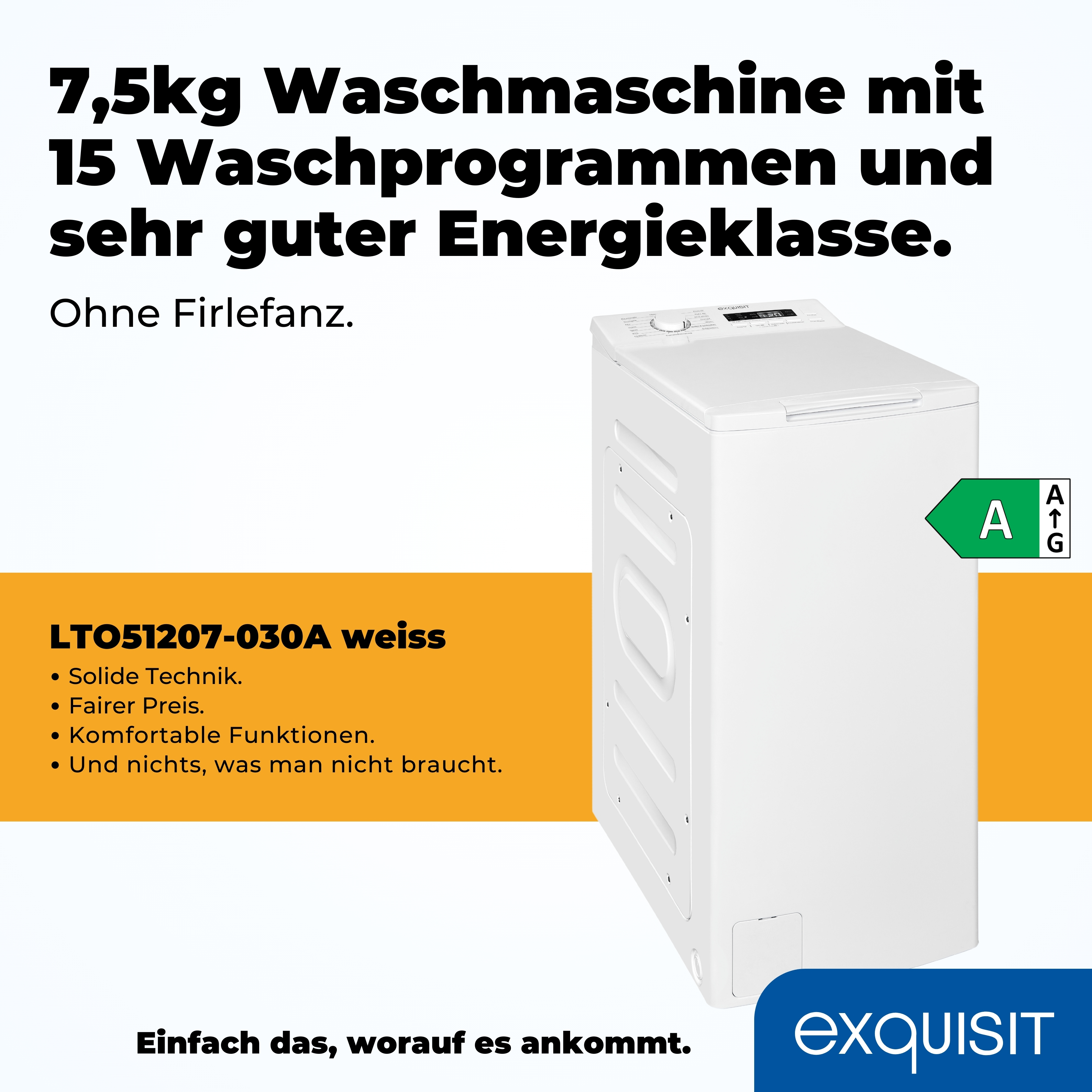 Weiße Waschmaschine mit offener Tür, Energielabel und Text auf Deutsch, vor weißem Hintergrund.