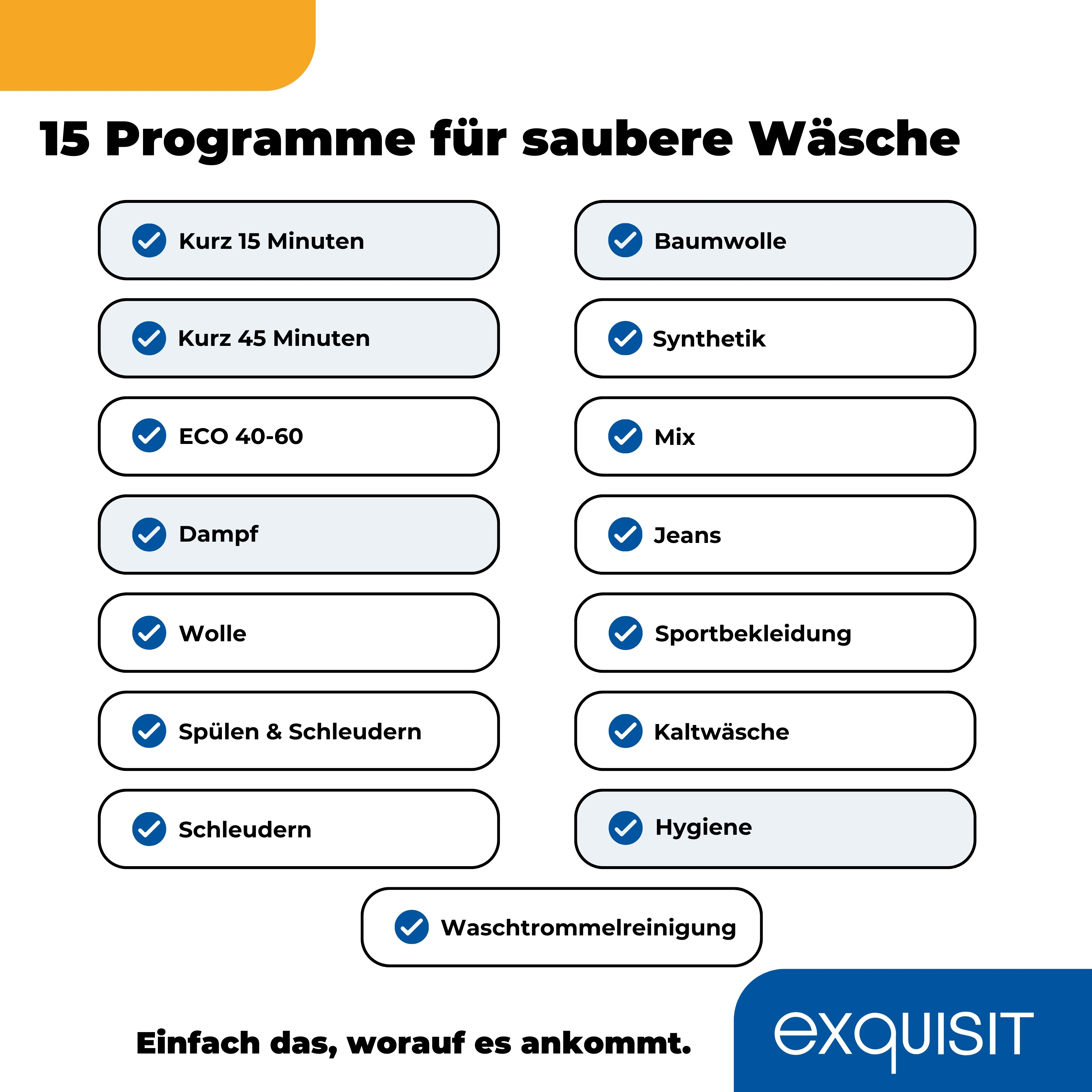 Waschmaschinen-Programmoptionen. Beschriftete Kästchen, darunter Baumwolle, Jeans und Hygiene.