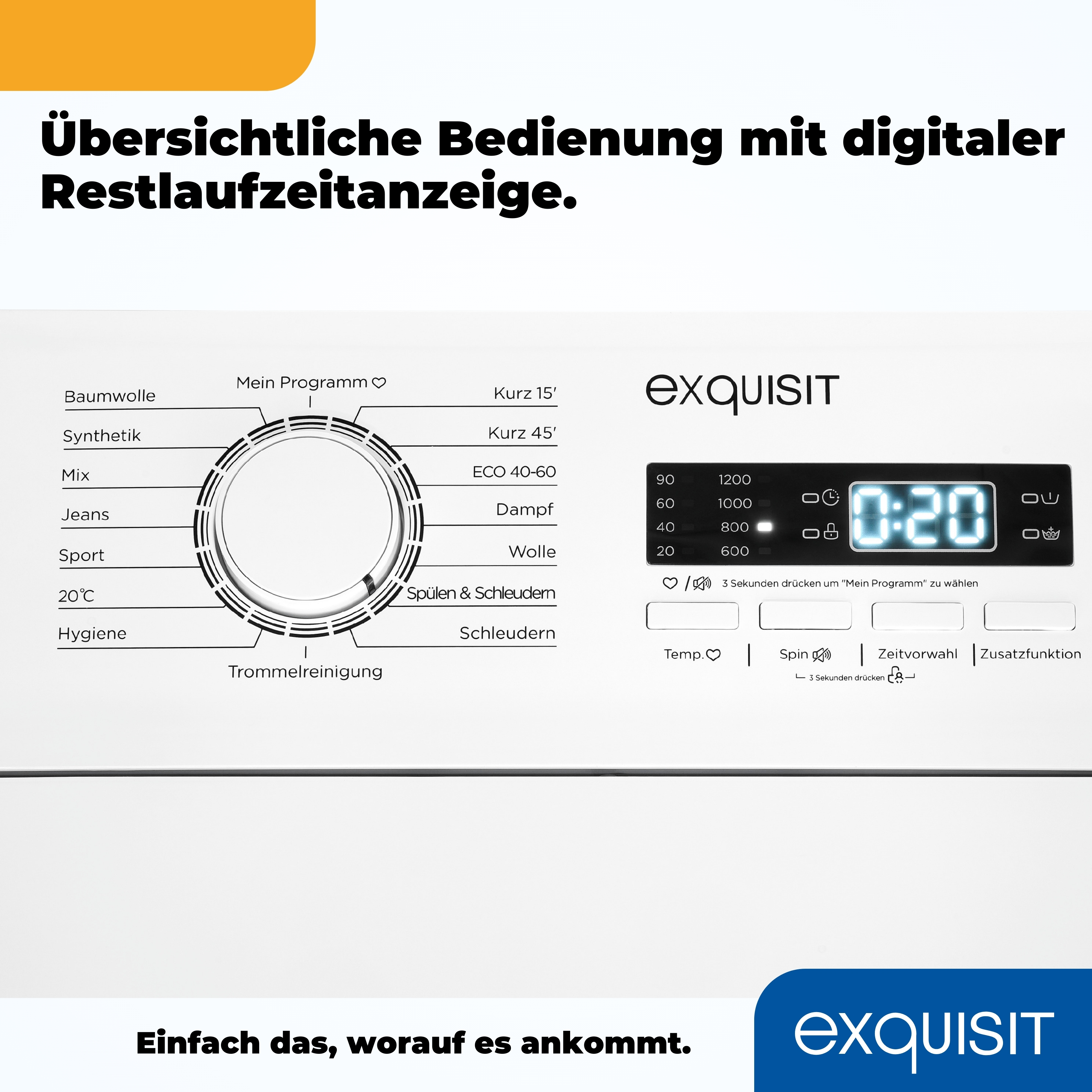 Waschmaschinen-Bedienfeld. Zeigt verschiedene Waschgänge, Temperatur, Schleudern und Zeit.