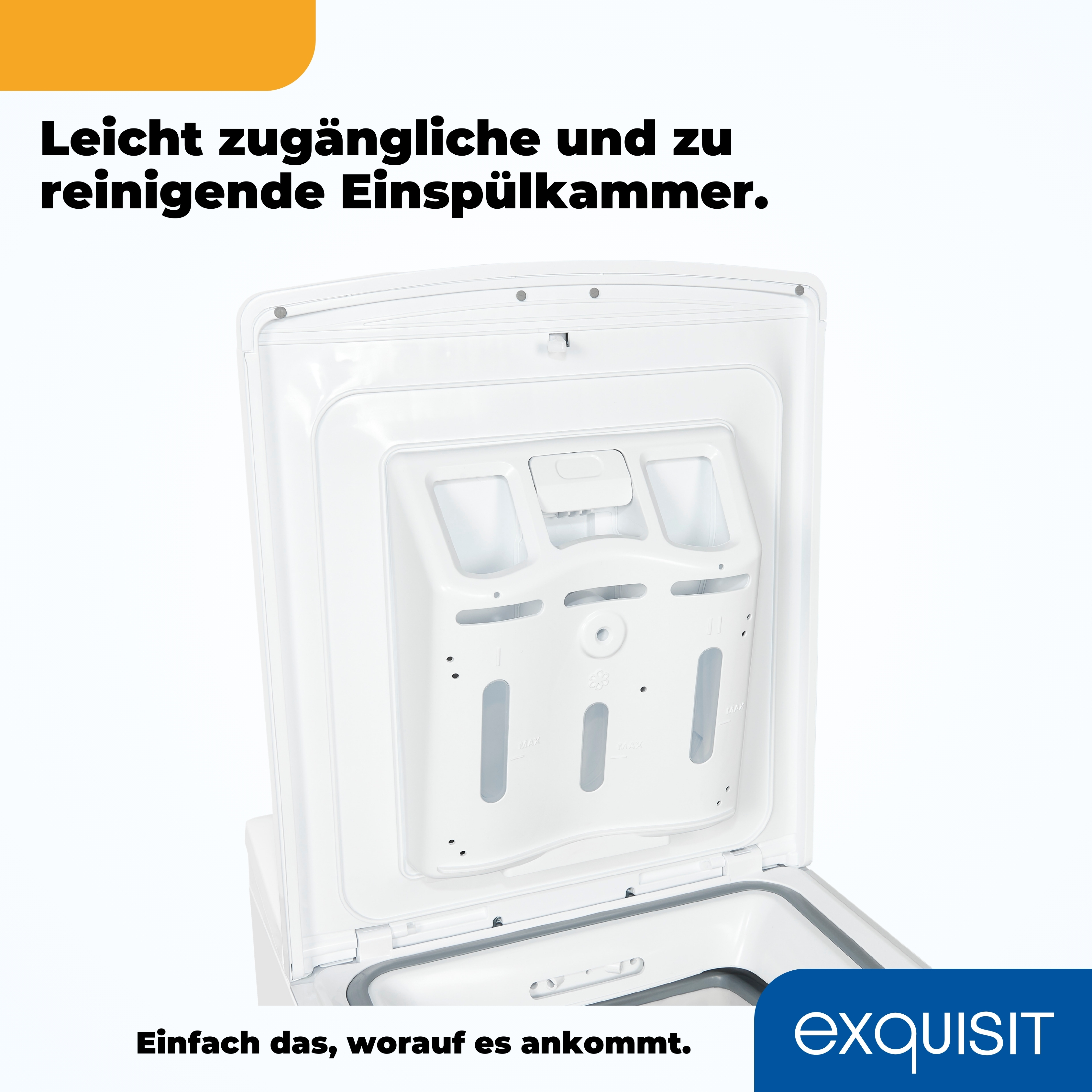 Waschmaschinenkomponente mit offenen Fächern. Der Text beschreibt die Produkteigenschaften.