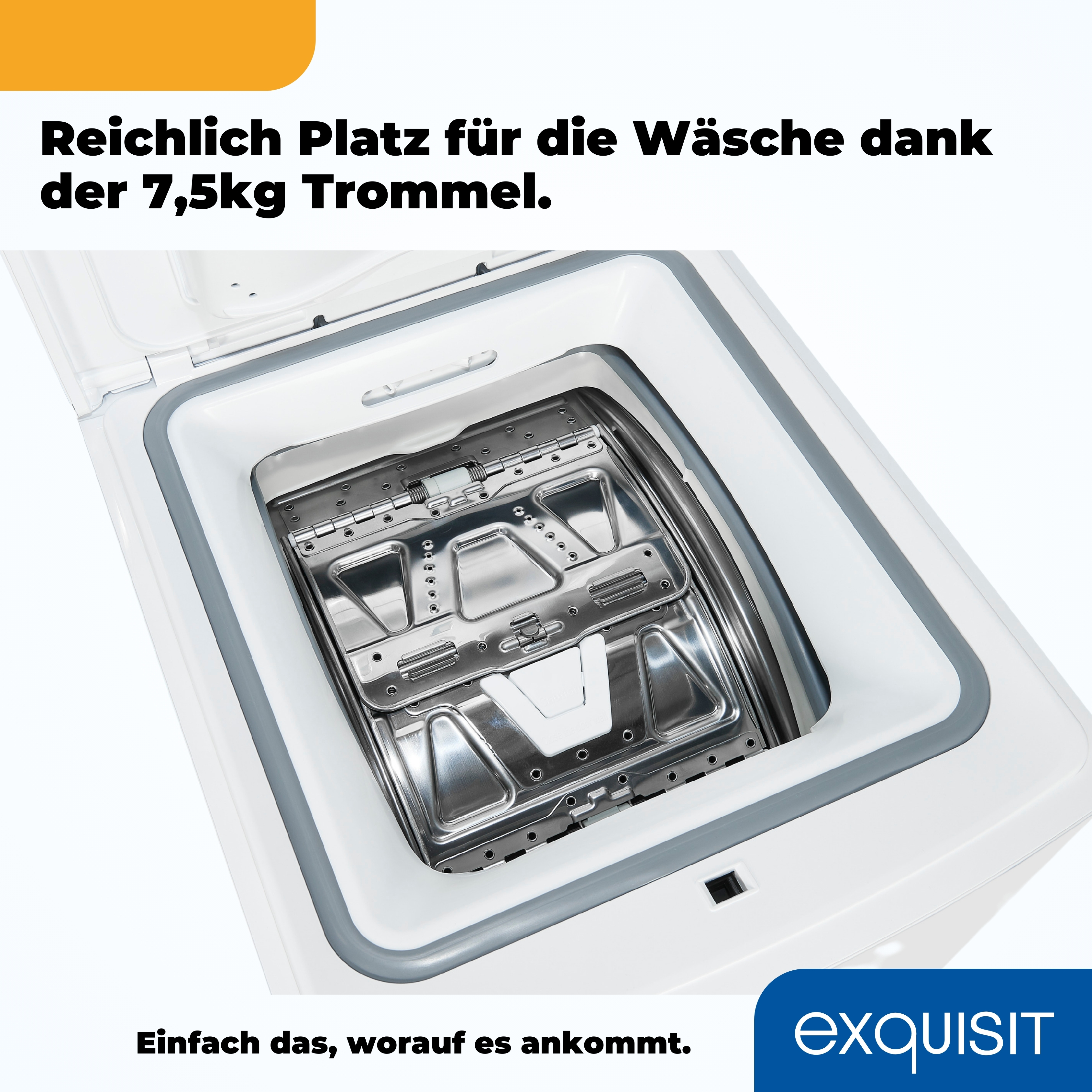 Eine weiße Waschmaschine mit offener Tür. Die Trommel ist sichtbar, mit Text über Platz.