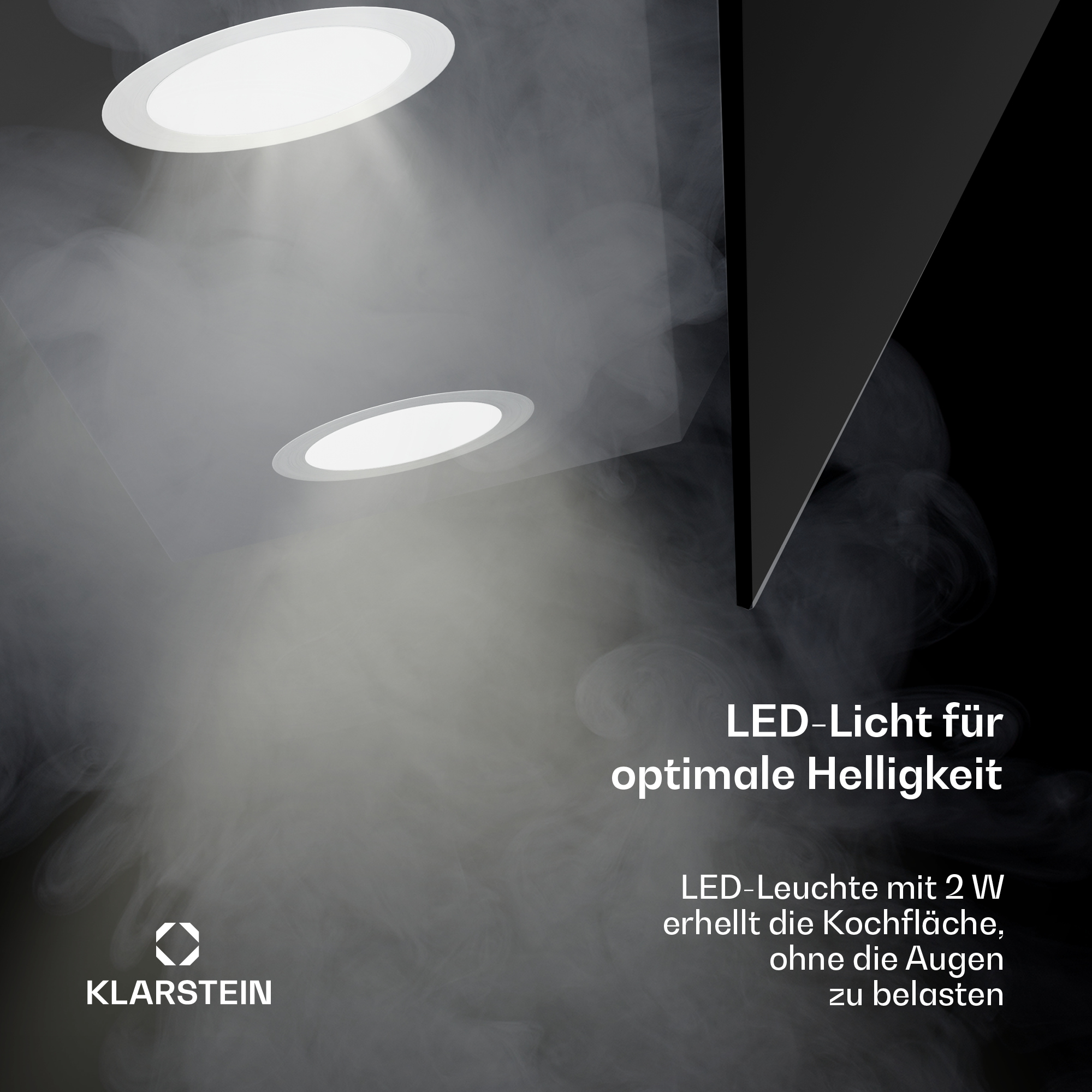 Due luci a incasso che brillano in un ambiente fumoso con testo sull'illuminazione a LED.