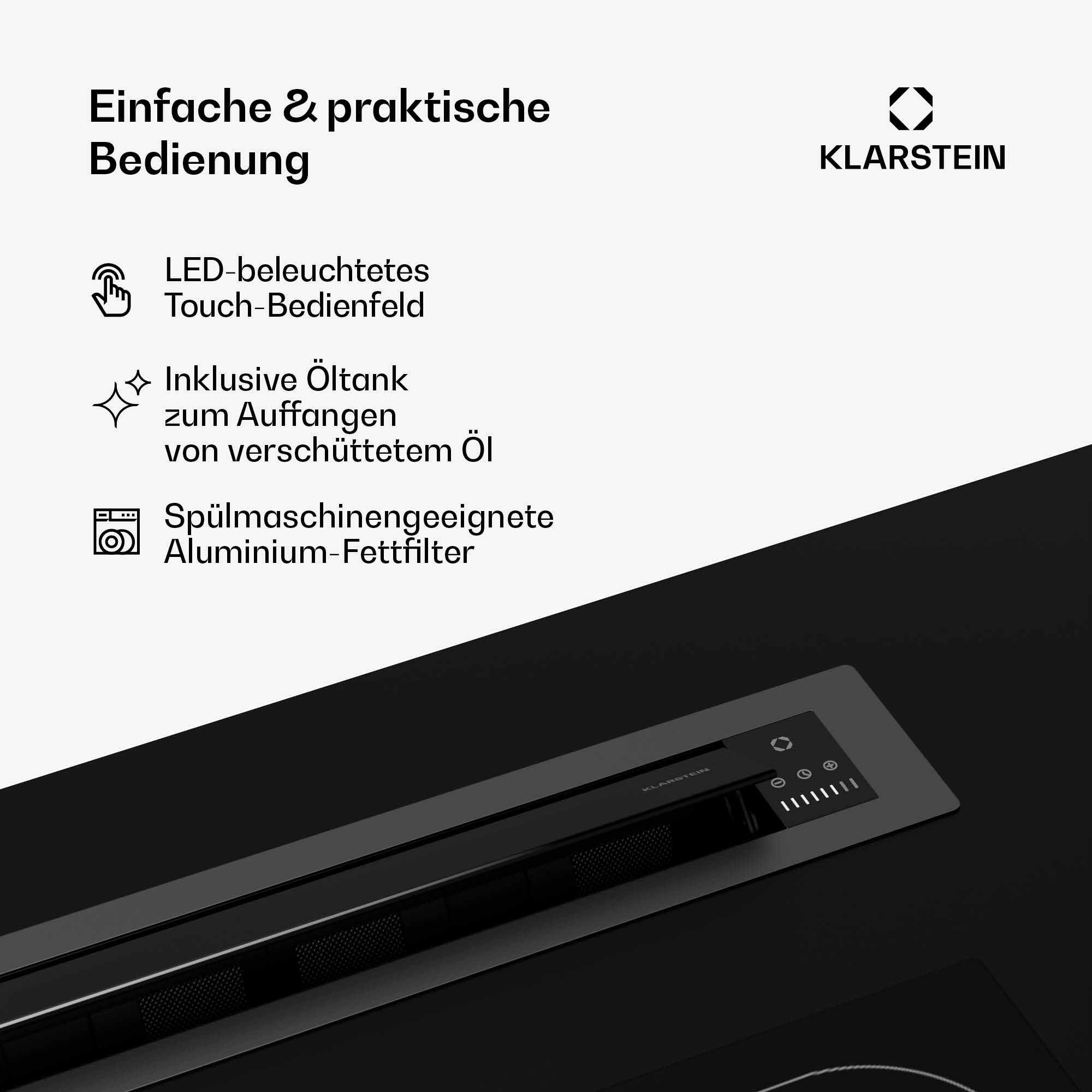 Pannello nero per elettrodomestici da cucina a incasso con comandi touch e testo. Logo Klarstein in alto a destra.