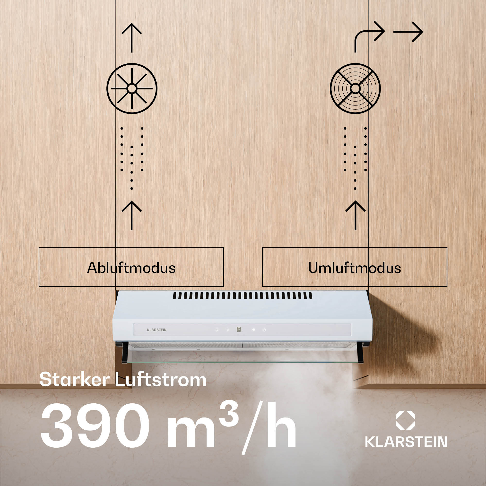 Una cappa bianca con diagrammi di flusso d'aria. Il testo recita "390 m³/h".