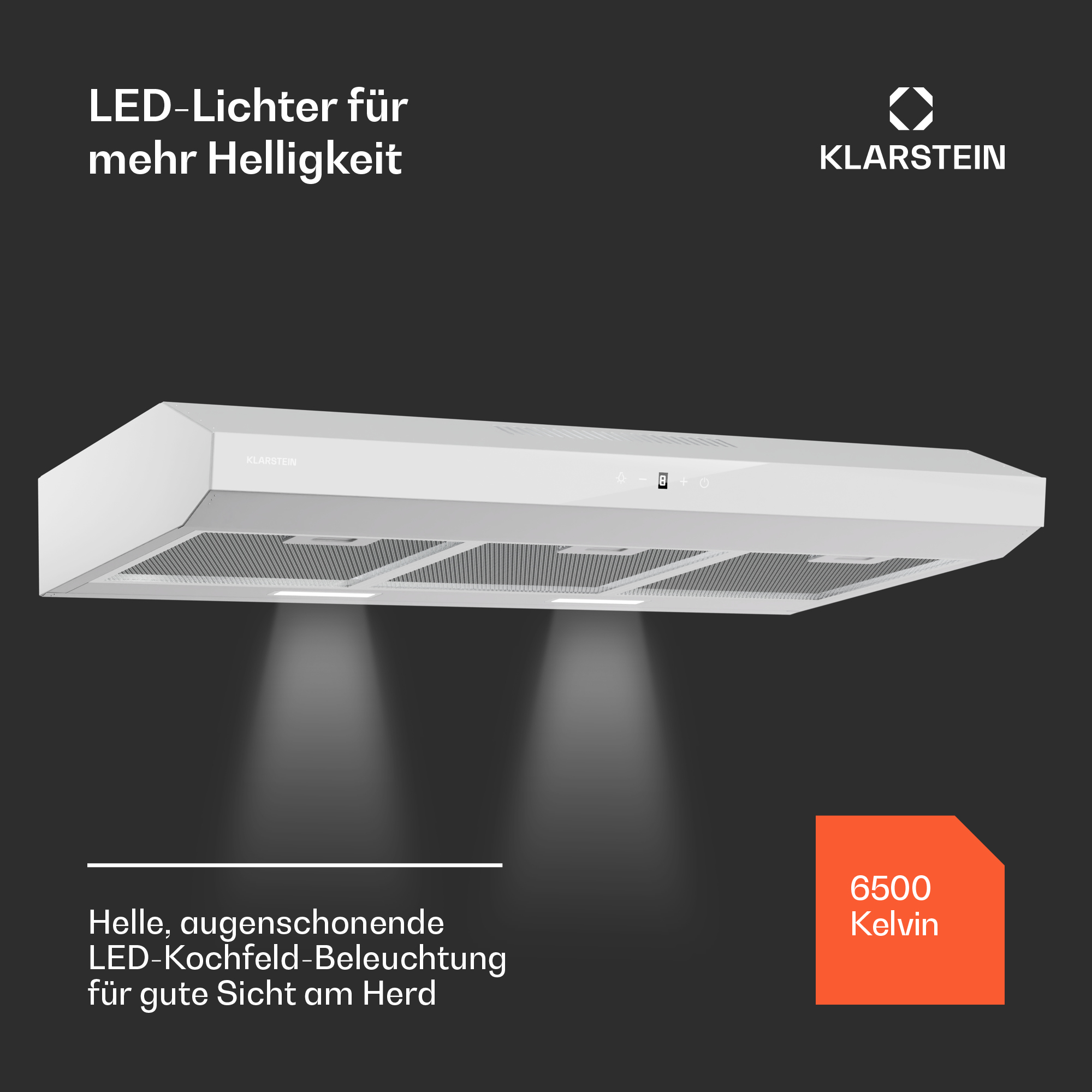 Weiße Dunstabzugshaube mit LED-Leuchten, orangefarbener Quadrat mit 6500 Kelvin.