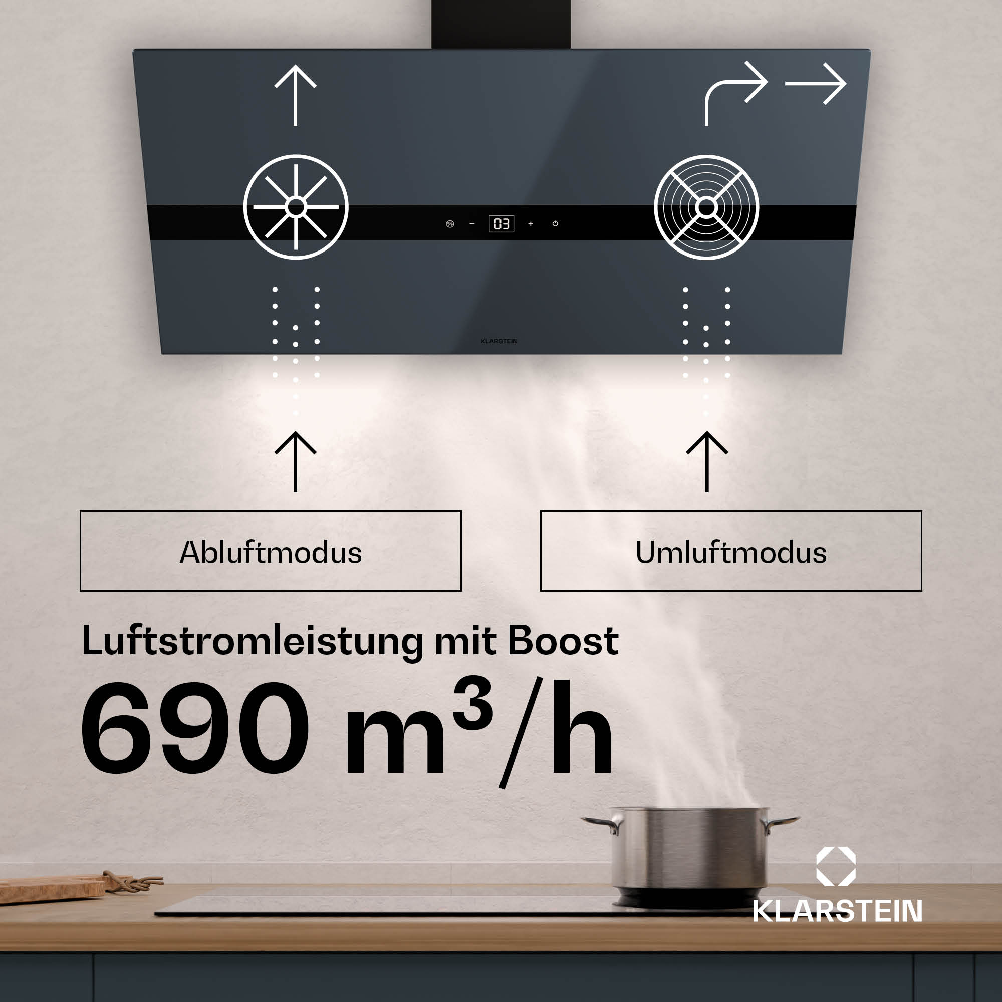 Dunkelgraue Dunstabzugshaube mit silbernem Topf auf dem Herd. Text zeigt Luftstrommodi und Luftstromleistung.