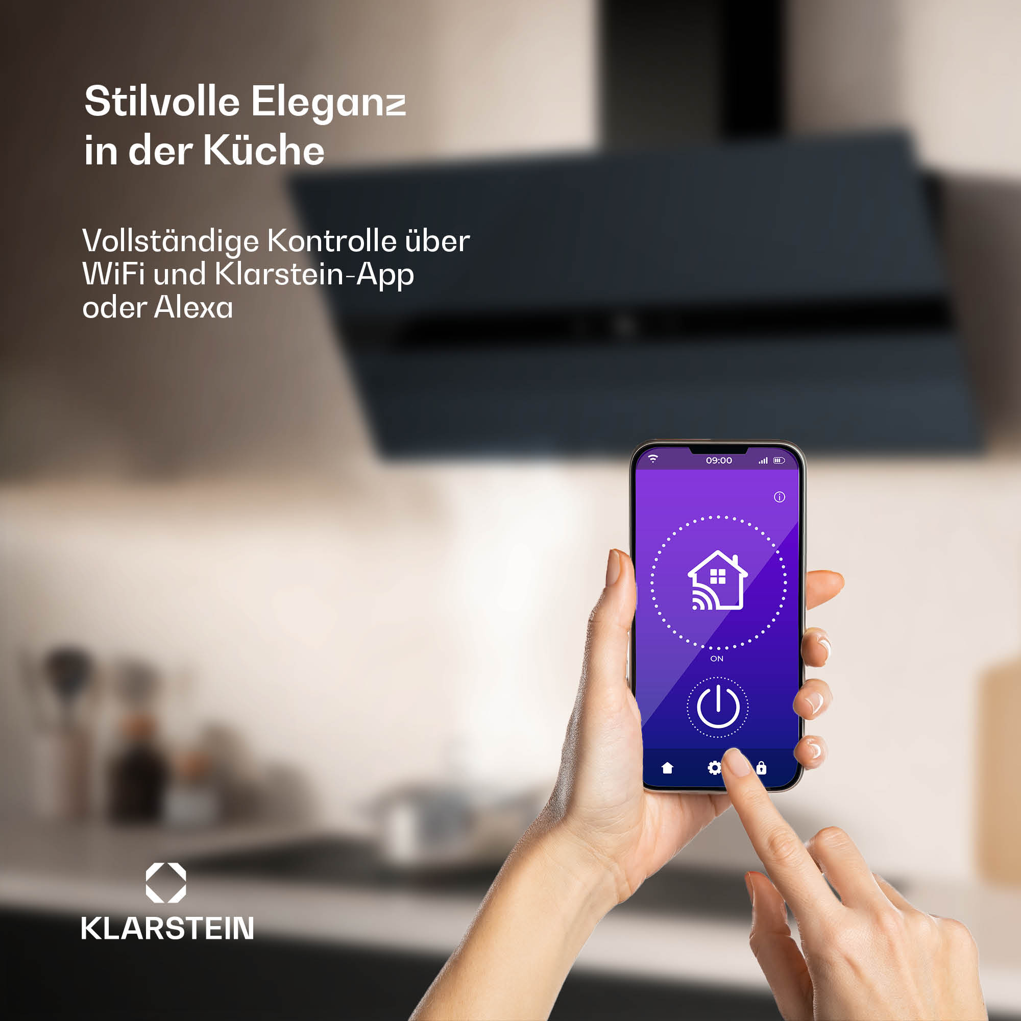 Hand hält Telefon mit App-Oberfläche. Smart Home Steuerung mit WLAN- und Alexa-Integration.
