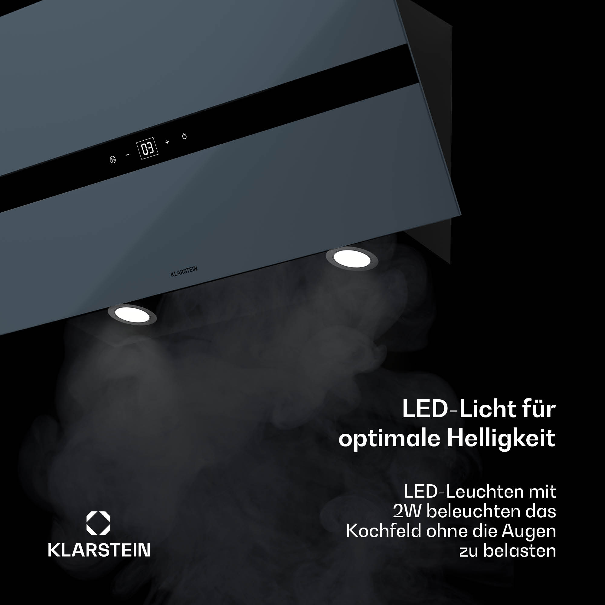 Schwarze Dunstabzugshaube mit LED-Leuchten. Text bewirbt LED-Licht für optimale Helligkeit und Augenschonung.