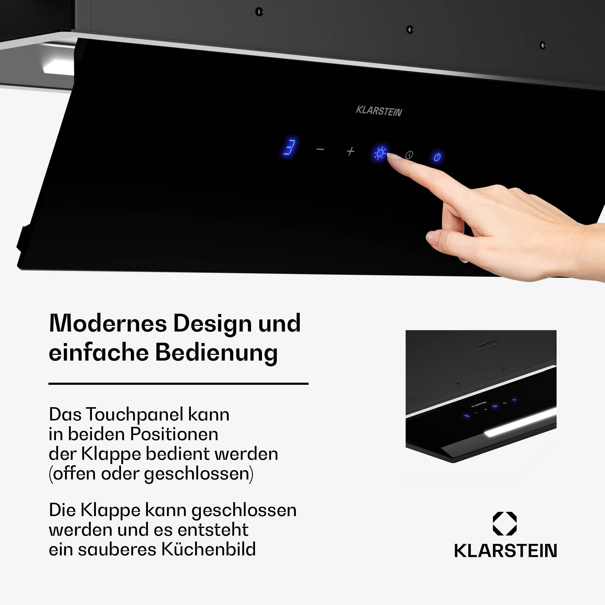 Schwarze Dunstabzugshaube mit Hand, die einen Knopf berührt. Text: Modernes Design, einfache Bedienung.