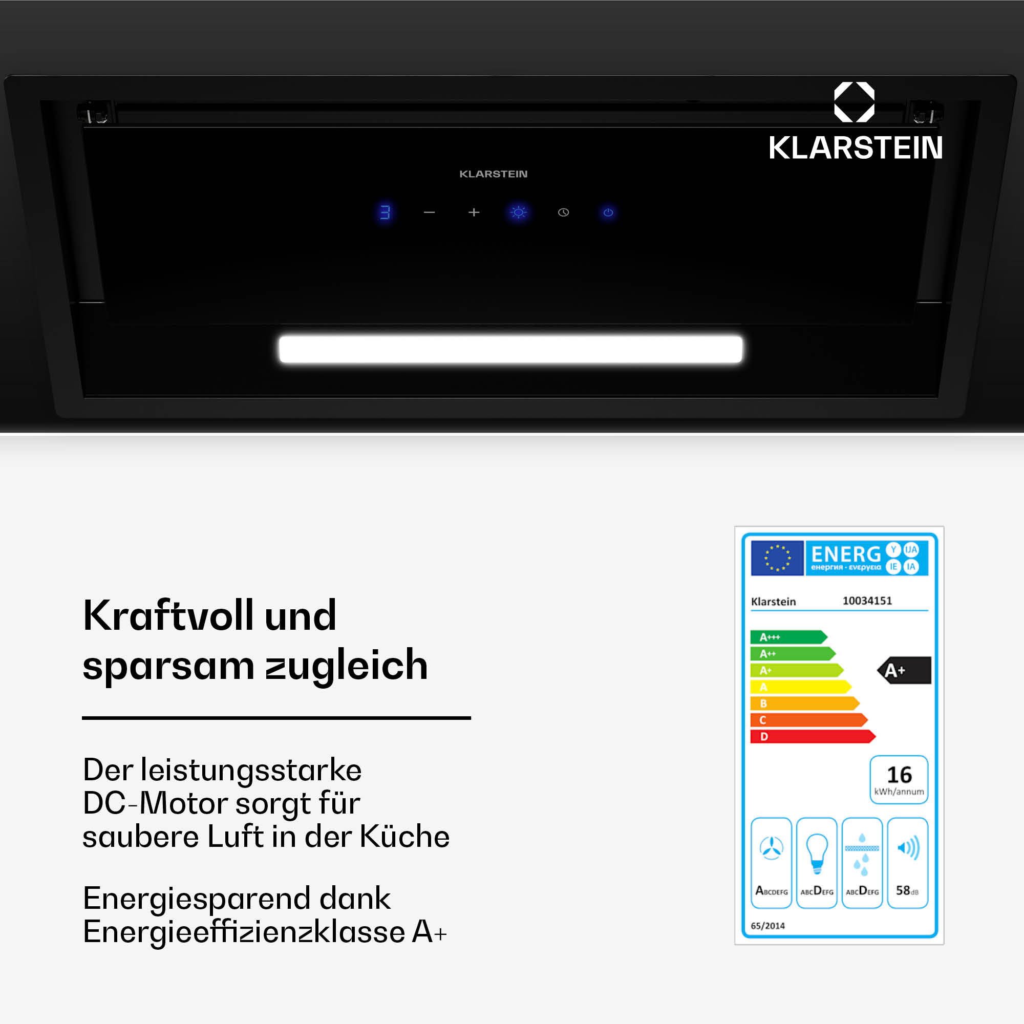 Schwarze Dunstabzugshaube, mit Energielabel und deutschem Text.