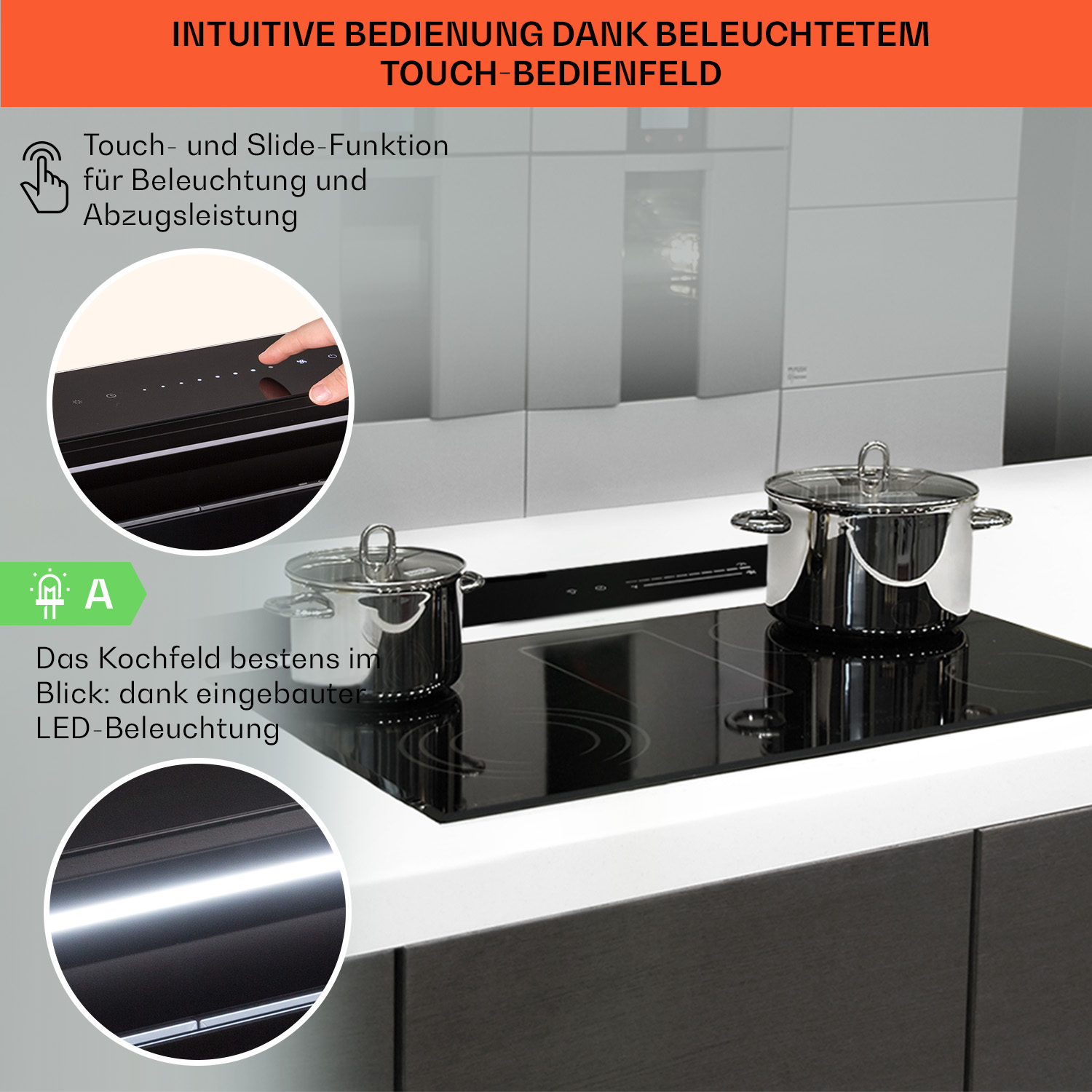 Piano cottura a induzione nero con due pentole. Testo e immagini mostrano controlli touch ed efficienza energetica.