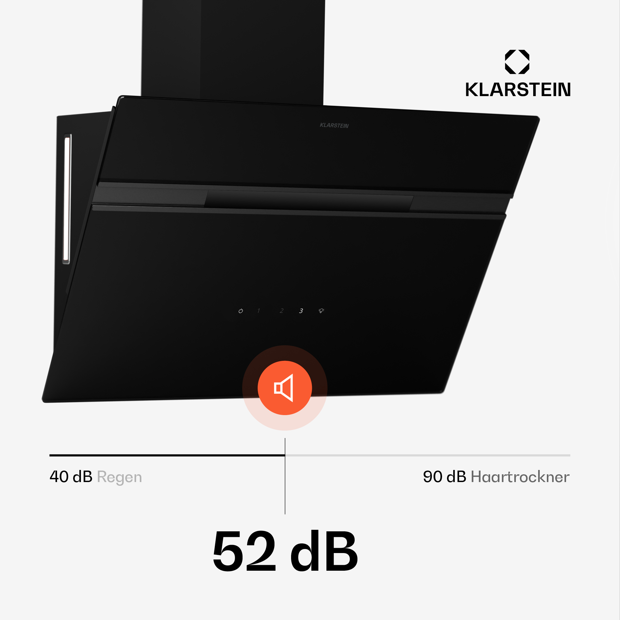 Cappa da cucina nera con pulsanti e un'icona di altoparlante. Sotto c'è scritto 52 dB.