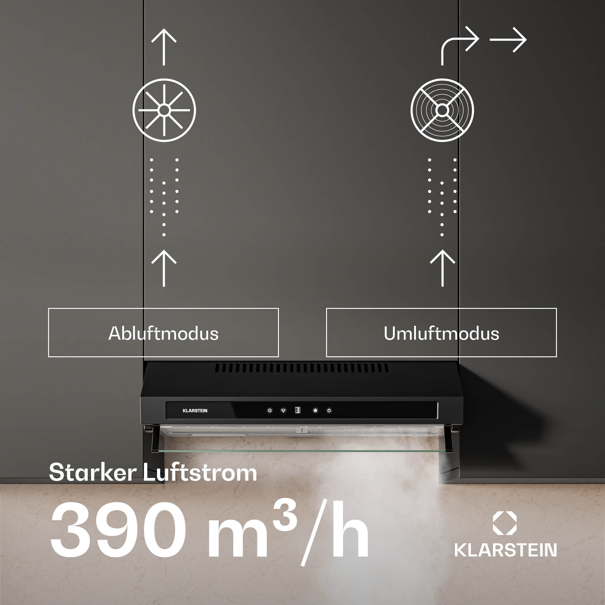Una cappa nera con due diagrammi e il testo '390 m³/h'.