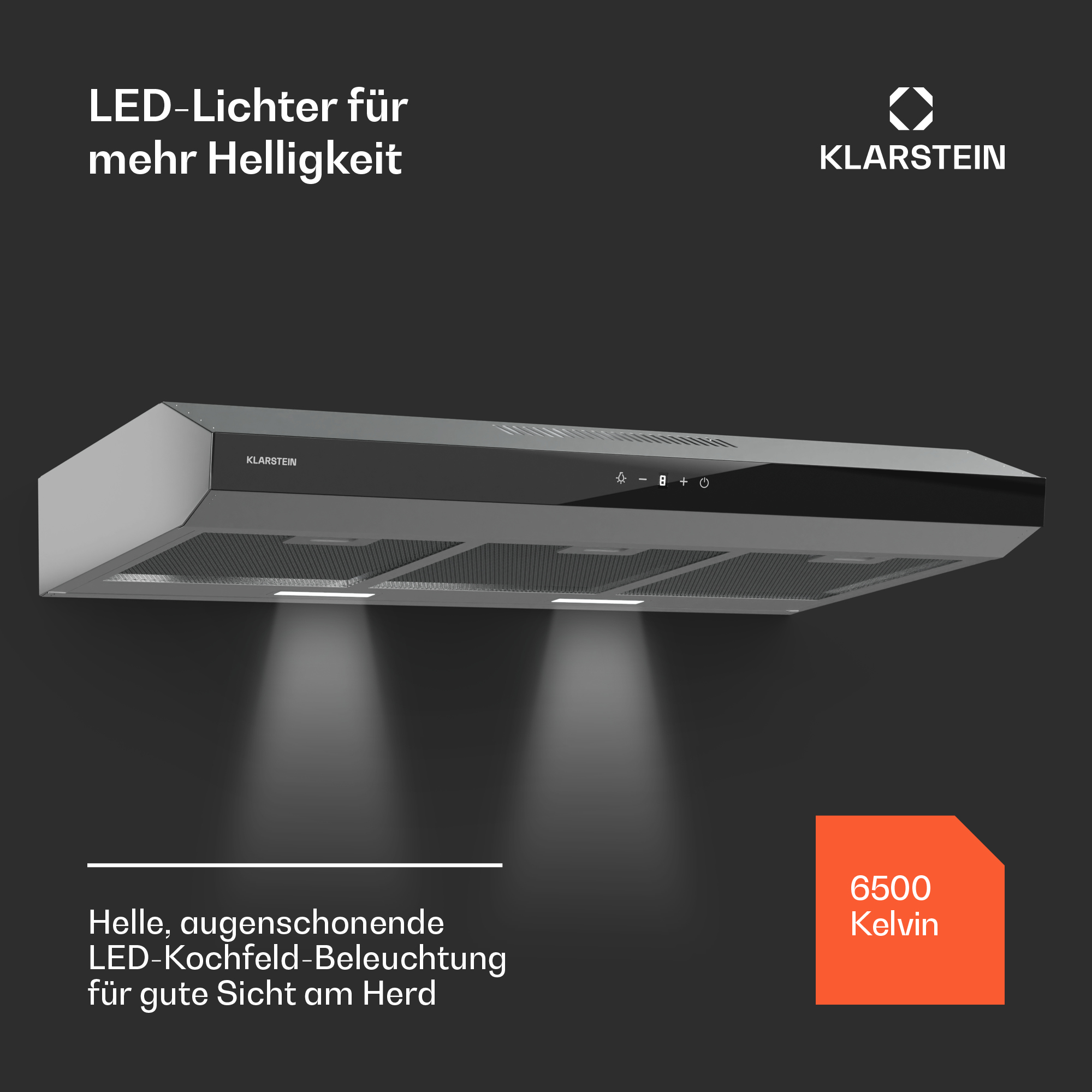 Eine schwarz-silberne Dunstabzugshaube mit Lichtern, die eine Küchenumgebung beleuchten.
