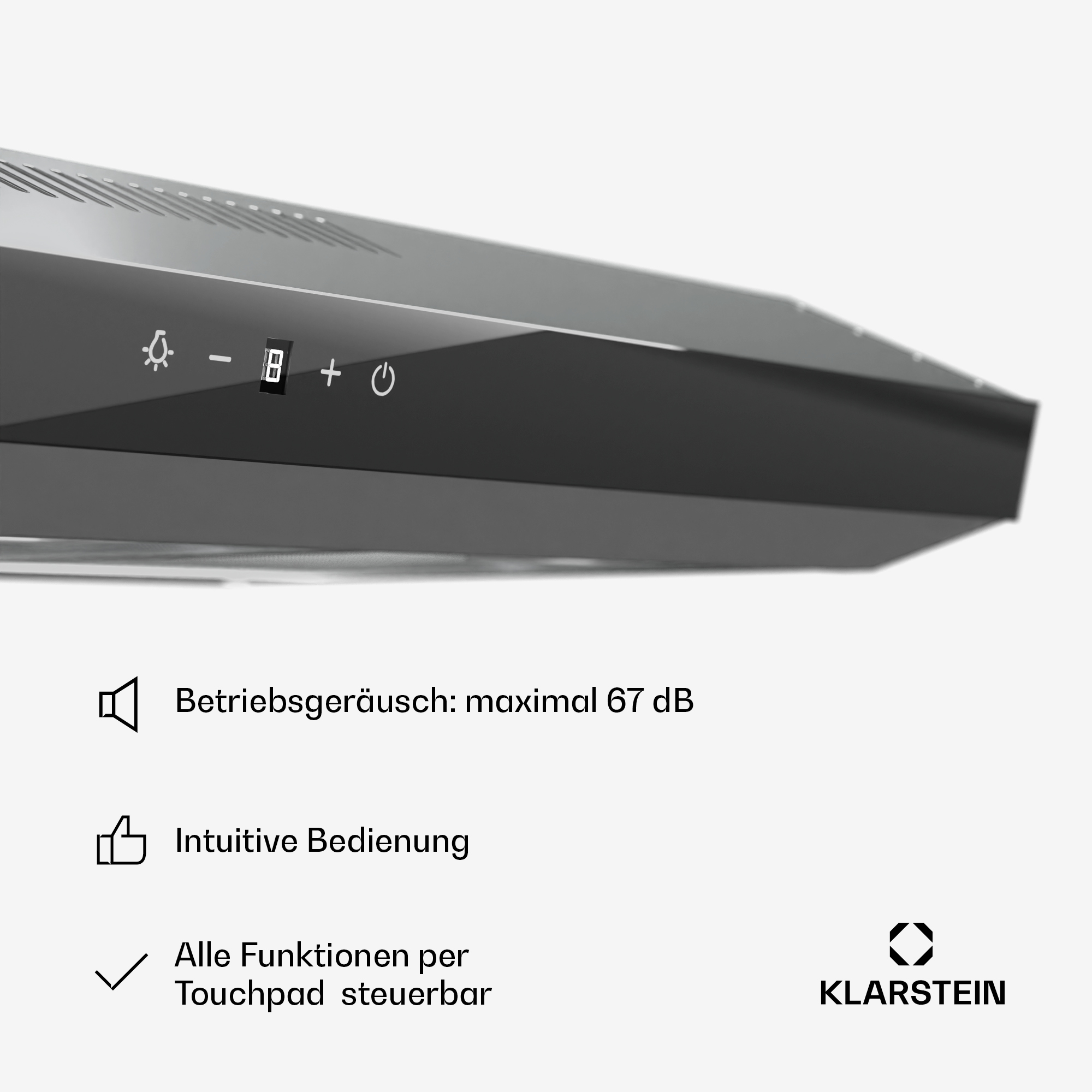 Küchenhaube mit Pfeilen, die den Luftstrom zeigen, und 390 m3/h Leistung.
