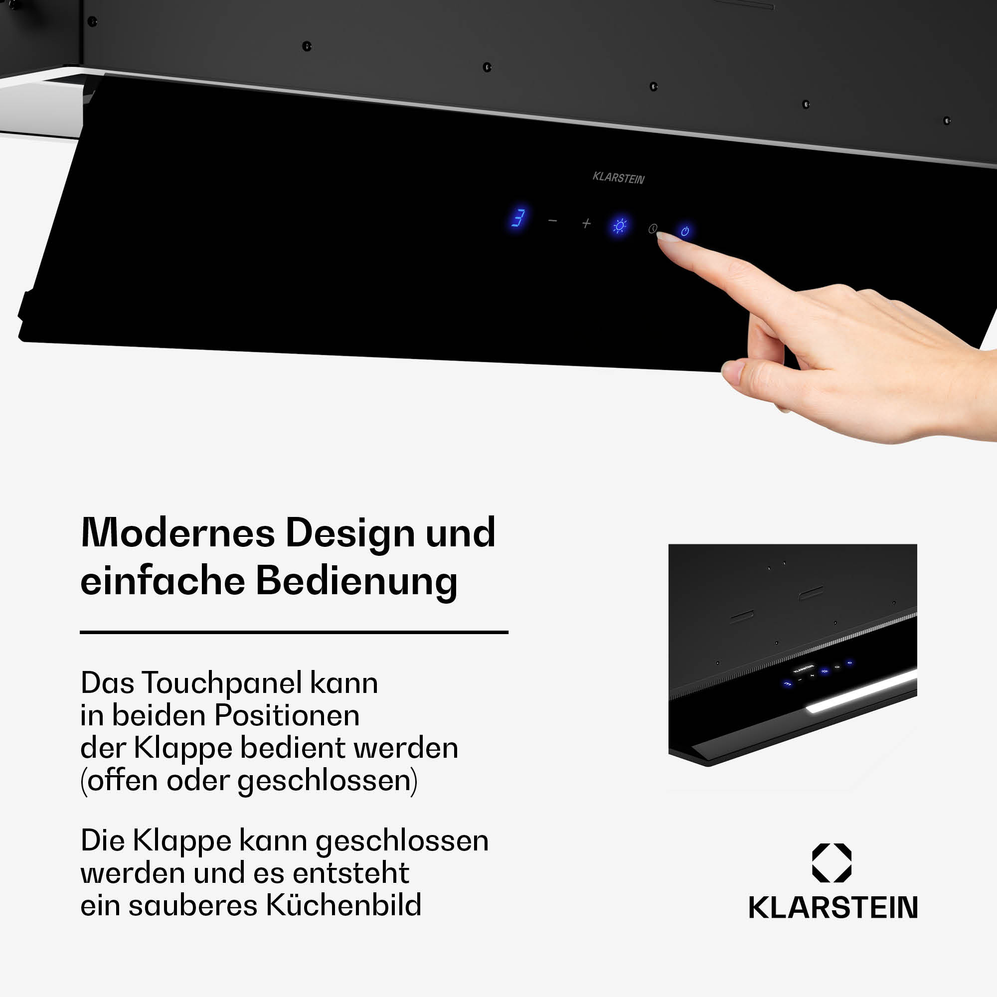 Schwarze Dunstabzugshaube mit Touch-Panel, ein Finger, der einen Knopf drückt, zeigt modernes Design und Funktionen.