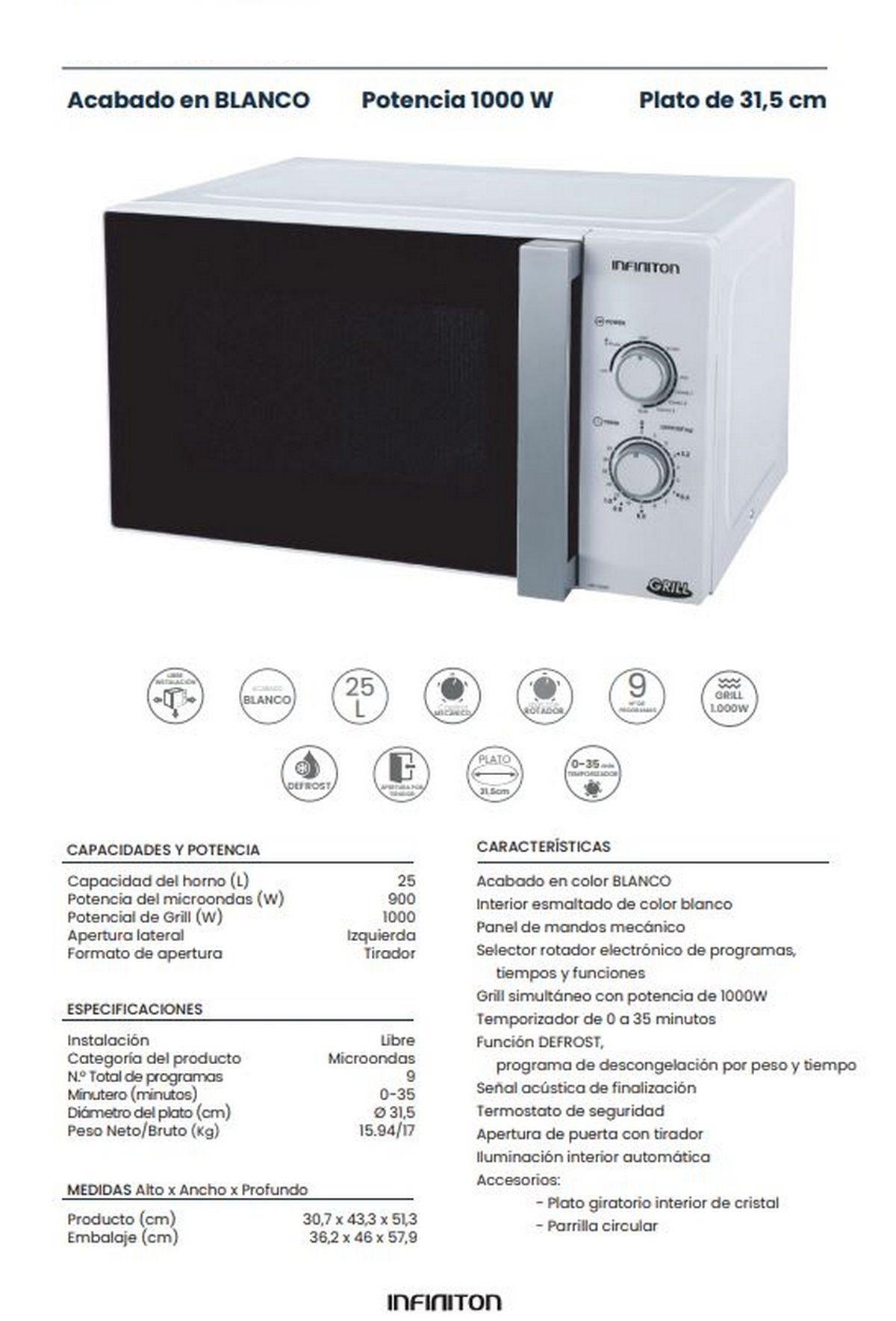 Microondas Infiniton blanco con interior negro, panel de control y especificaciones en español.
