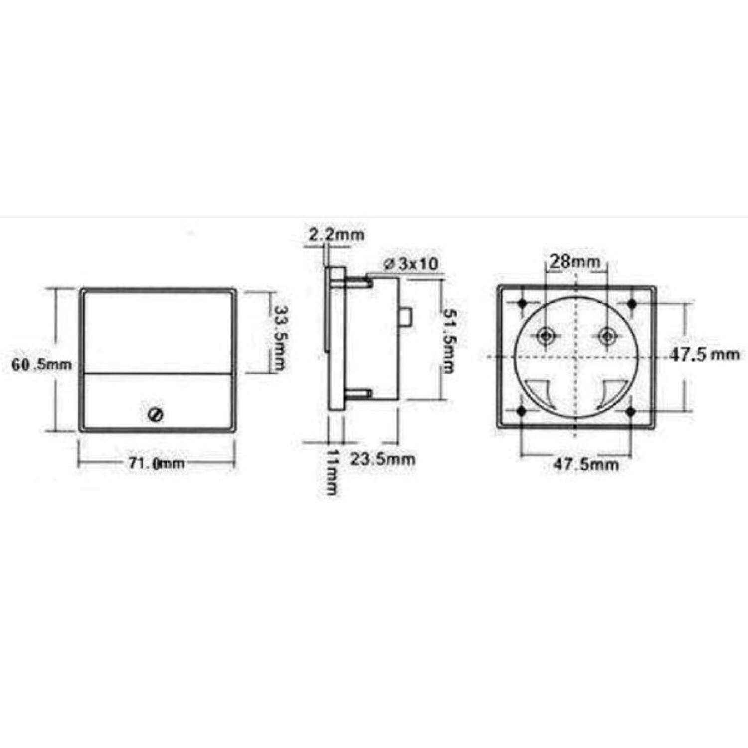 Diagramm einer quadratischen Steckdose mit Abmessungen und Details.